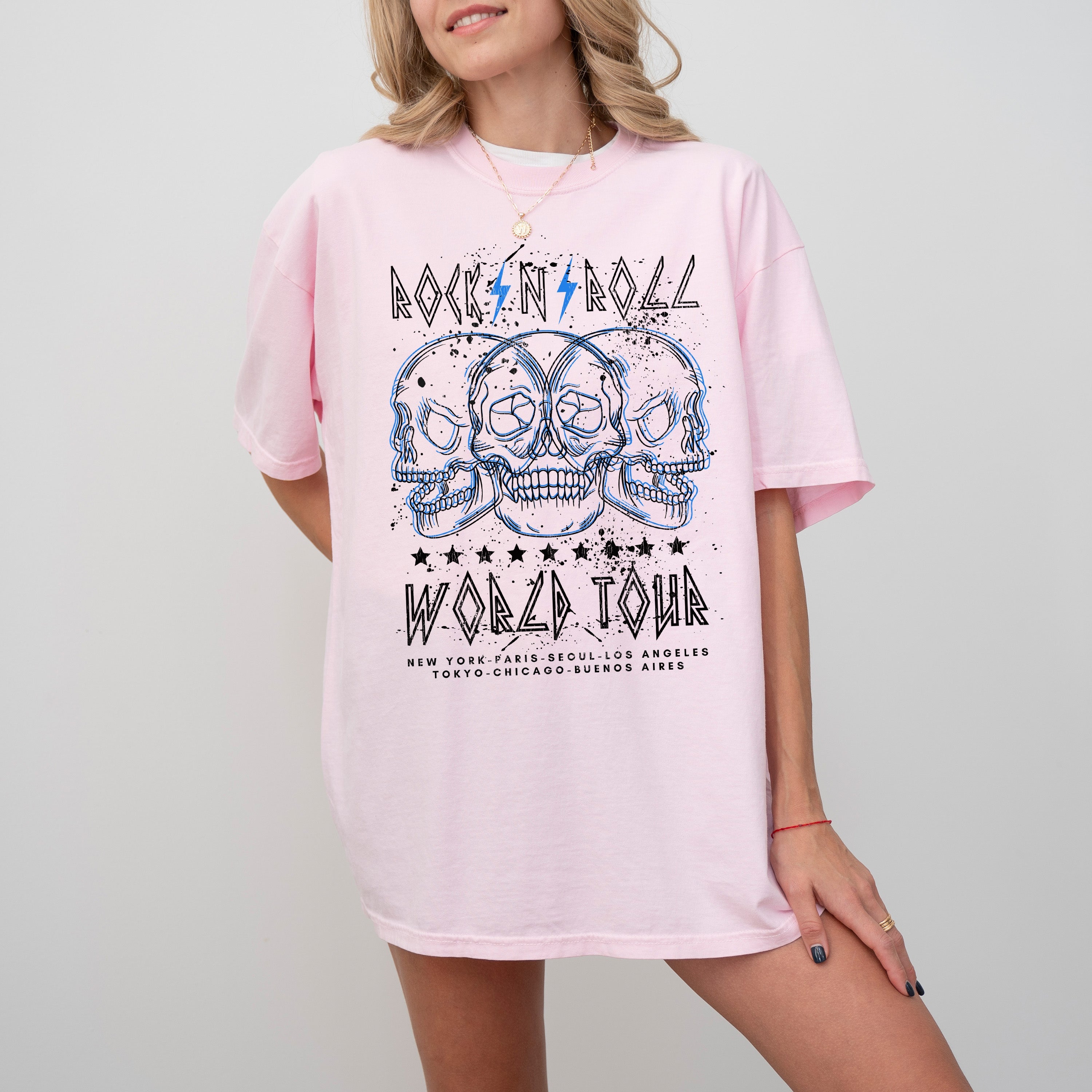 Rock World Tour Skulls Skeleton 80s Classic Rock Music Vintage Concert Artwork Comfort Colors Tee