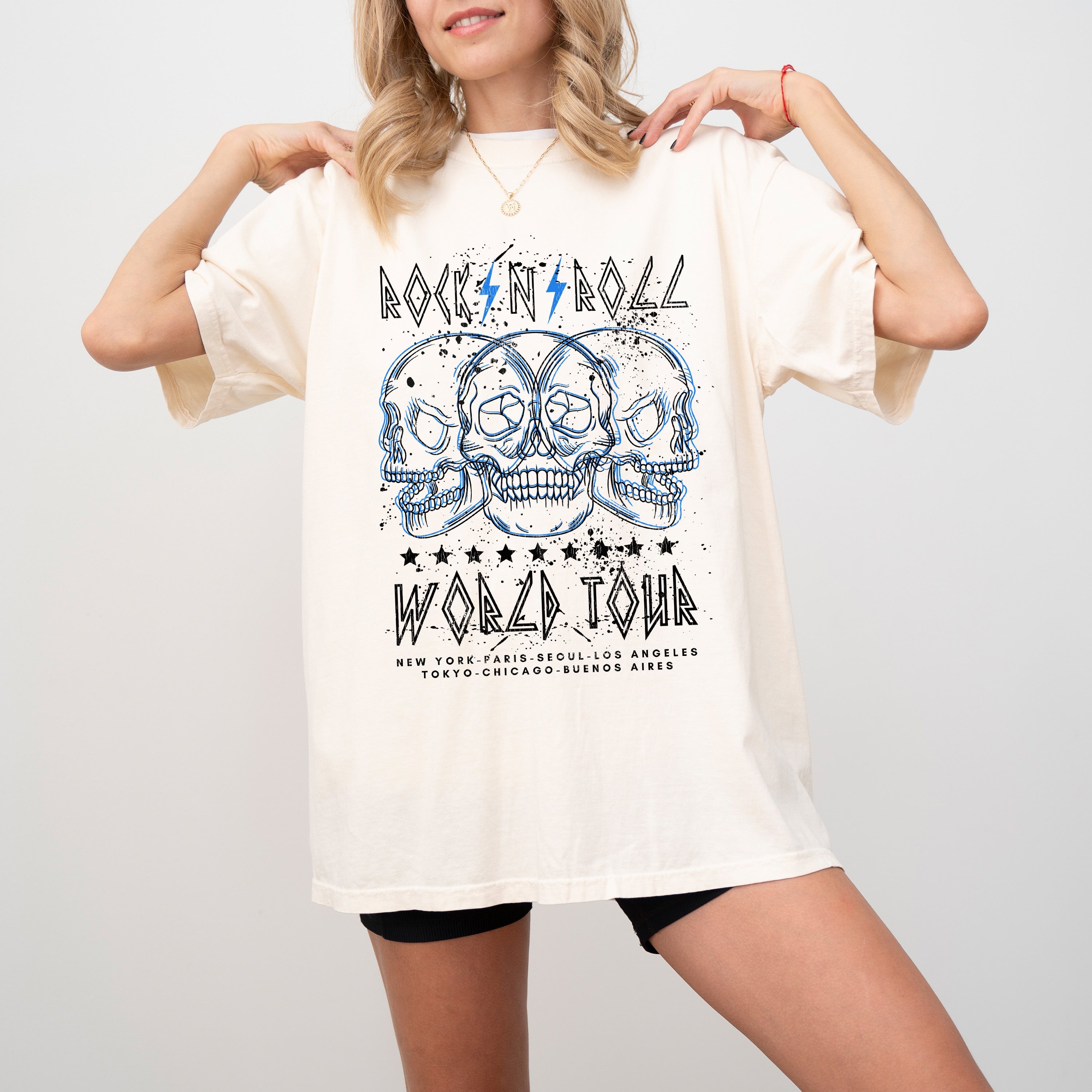 Rock World Tour Skulls Skeleton 80s Classic Rock Music Vintage Concert Artwork Comfort Colors Tee