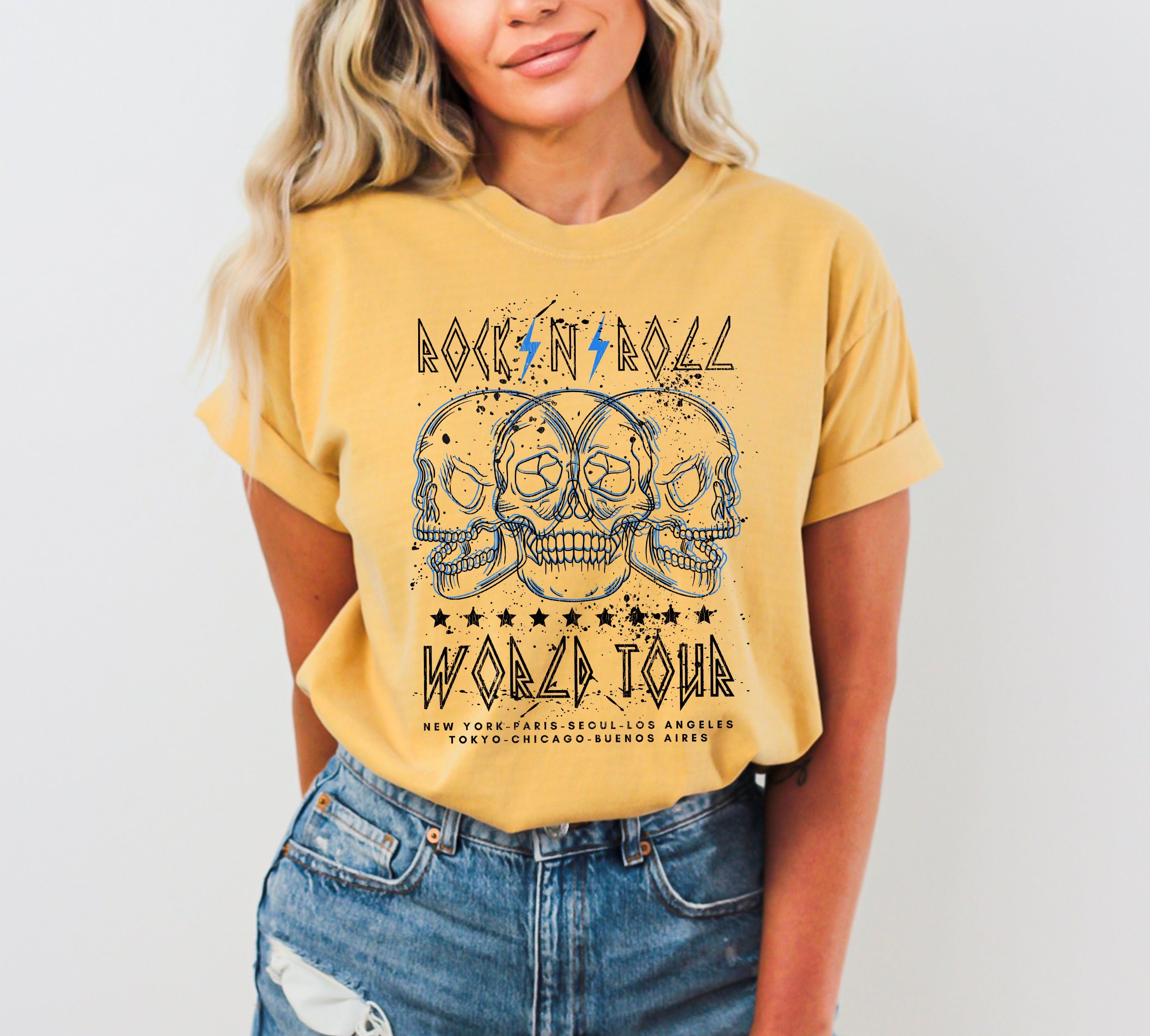 Rock World Tour Skulls Skeleton 80s Classic Rock Music Vintage Concert Artwork Comfort Colors Tee