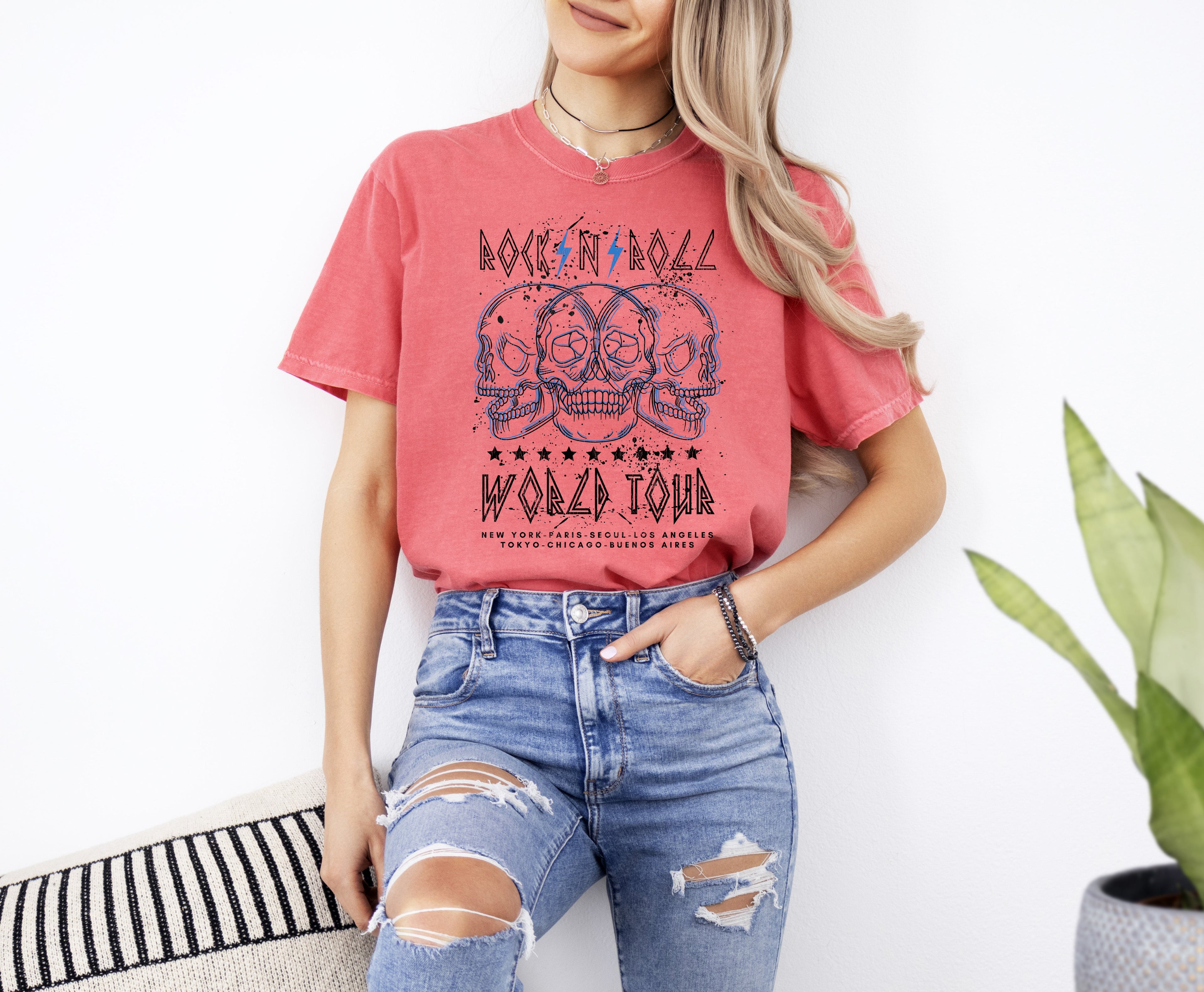 Rock World Tour Skulls Skeleton 80s Classic Rock Music Vintage Concert Artwork Comfort Colors Tee
