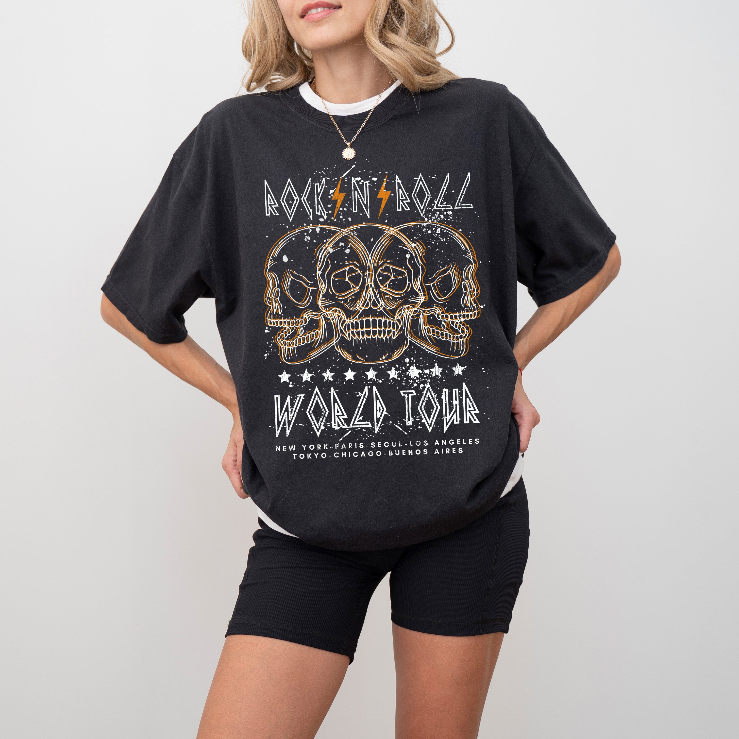 Rock World Tour Skulls Skeleton 80s Classic Rock Music Vintage Concert Artwork Comfort Colors Tee
