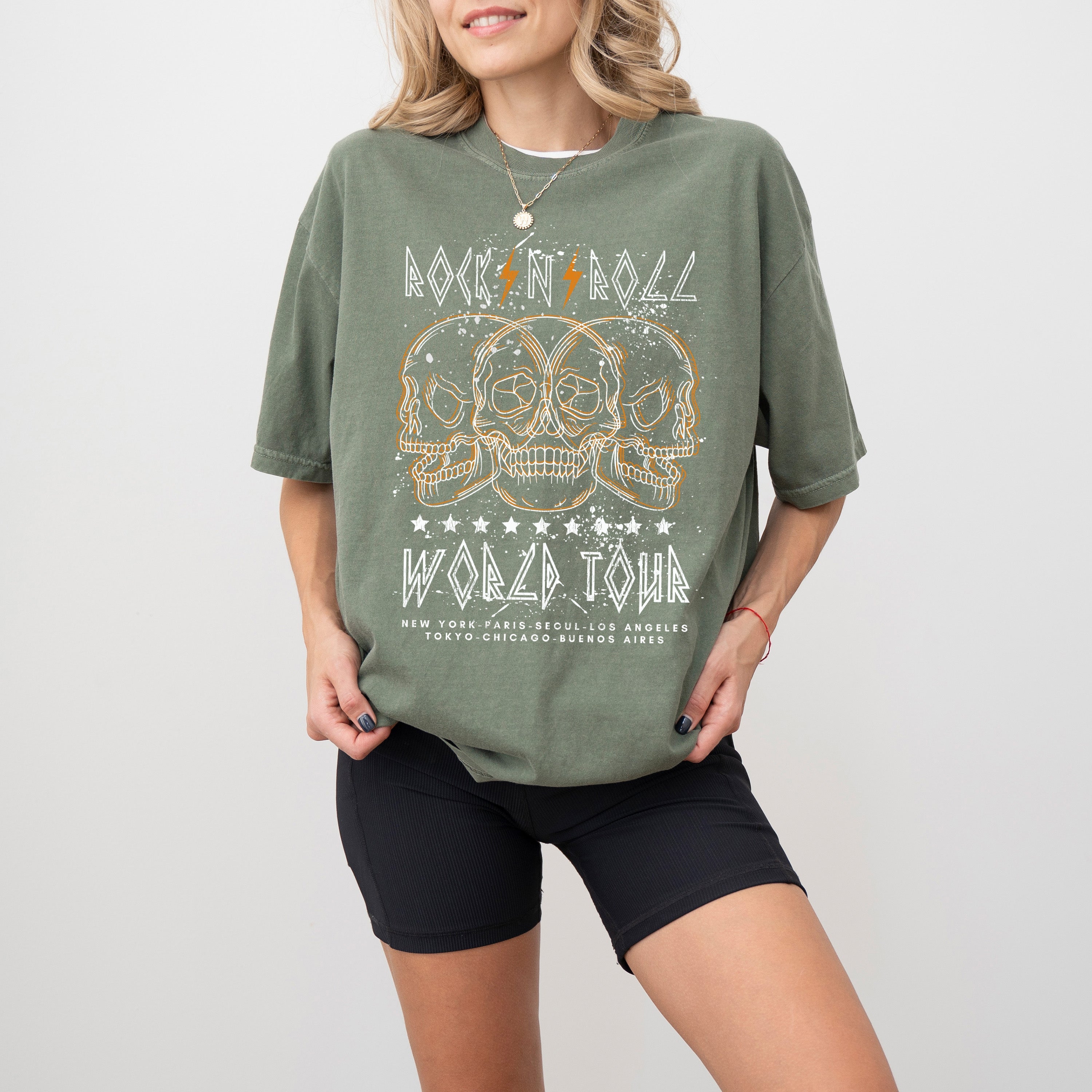 Rock World Tour Skulls Skeleton 80s Classic Rock Music Vintage Concert Artwork Comfort Colors Tee