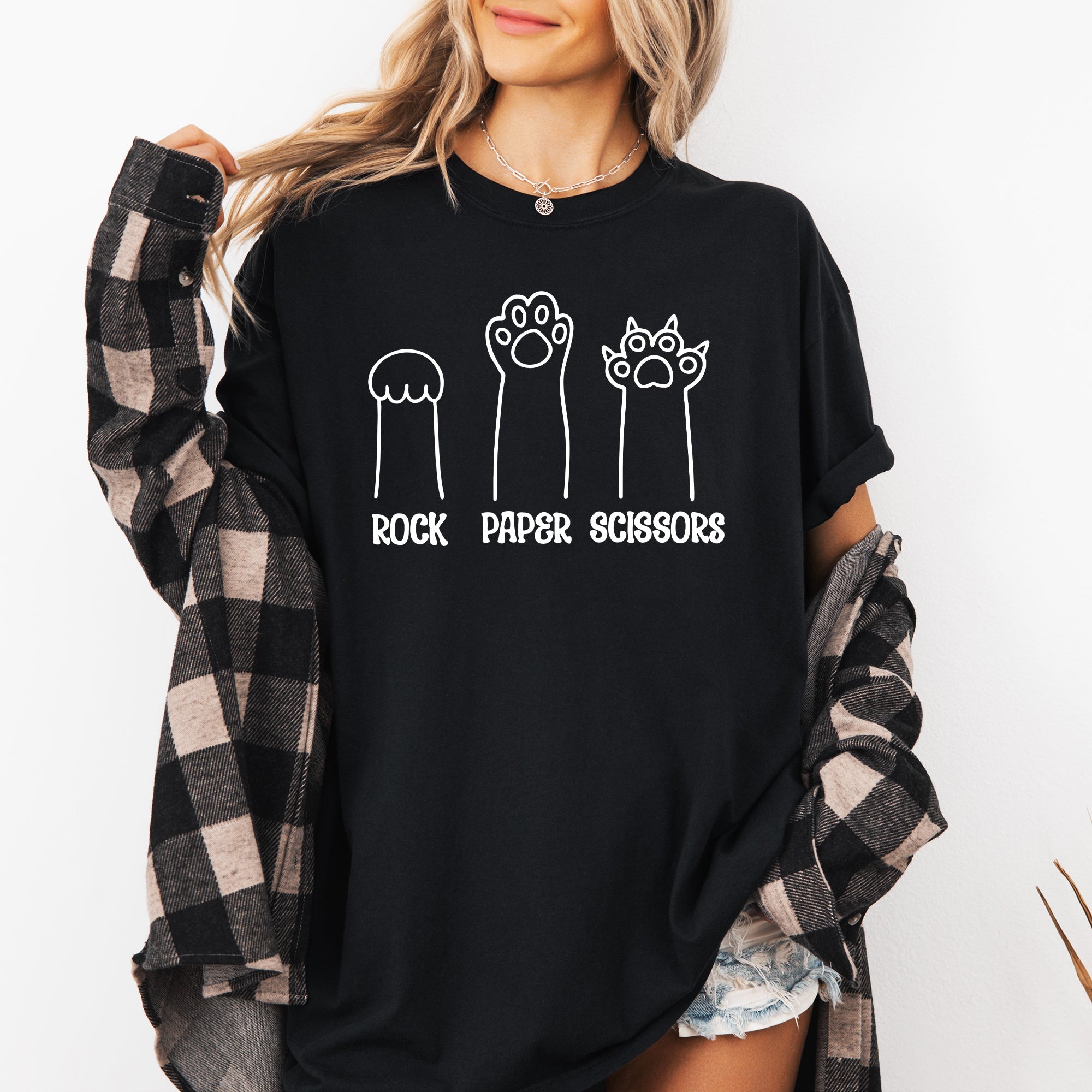 Rock Paper Scissors Cat Mom Feline Pet Artwork Graphic Illustration Comfort Colors Tee
