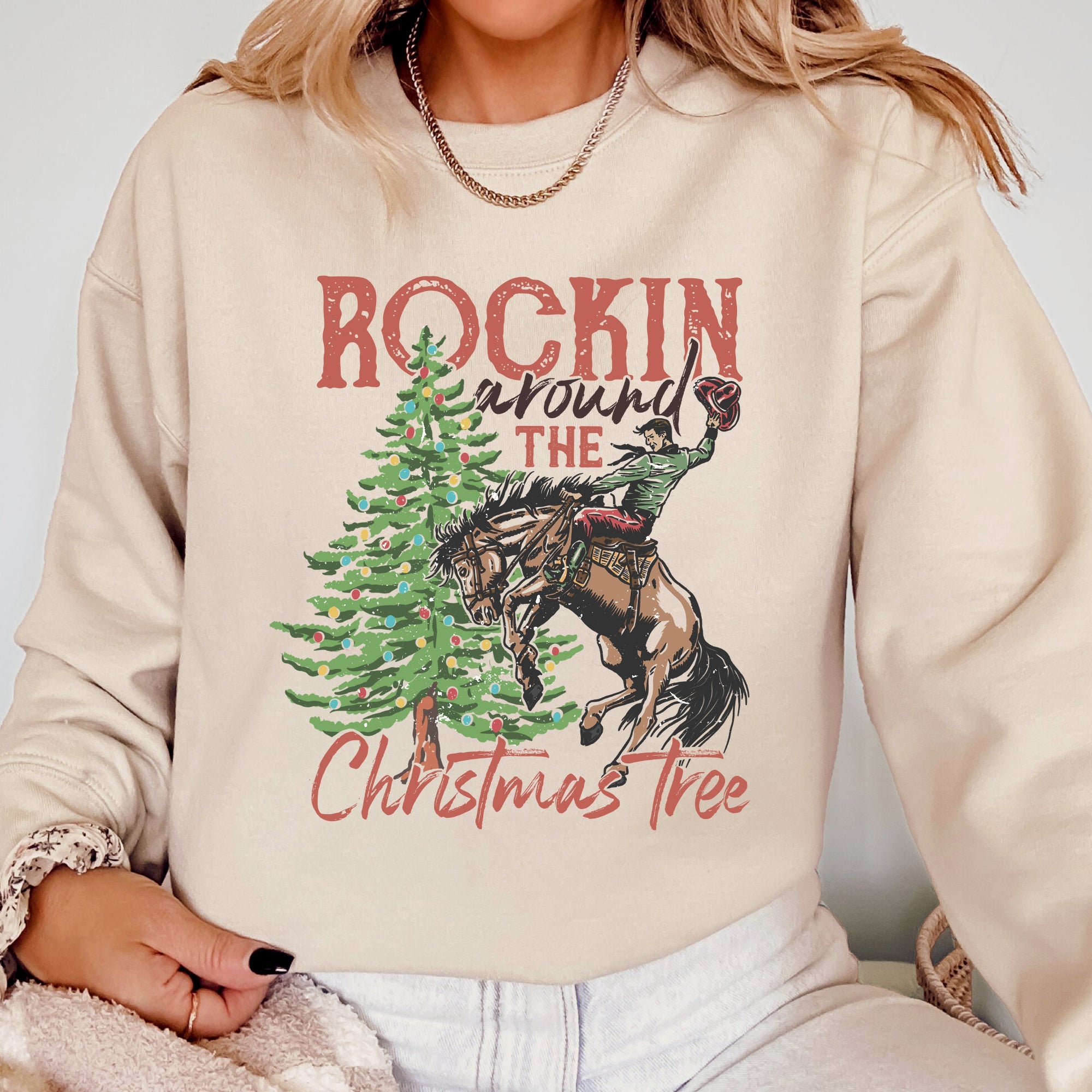 Rockin Around The Christmas Tree Cowboy Country Western Santa Xmas Holiday Celebration Sweatshirt