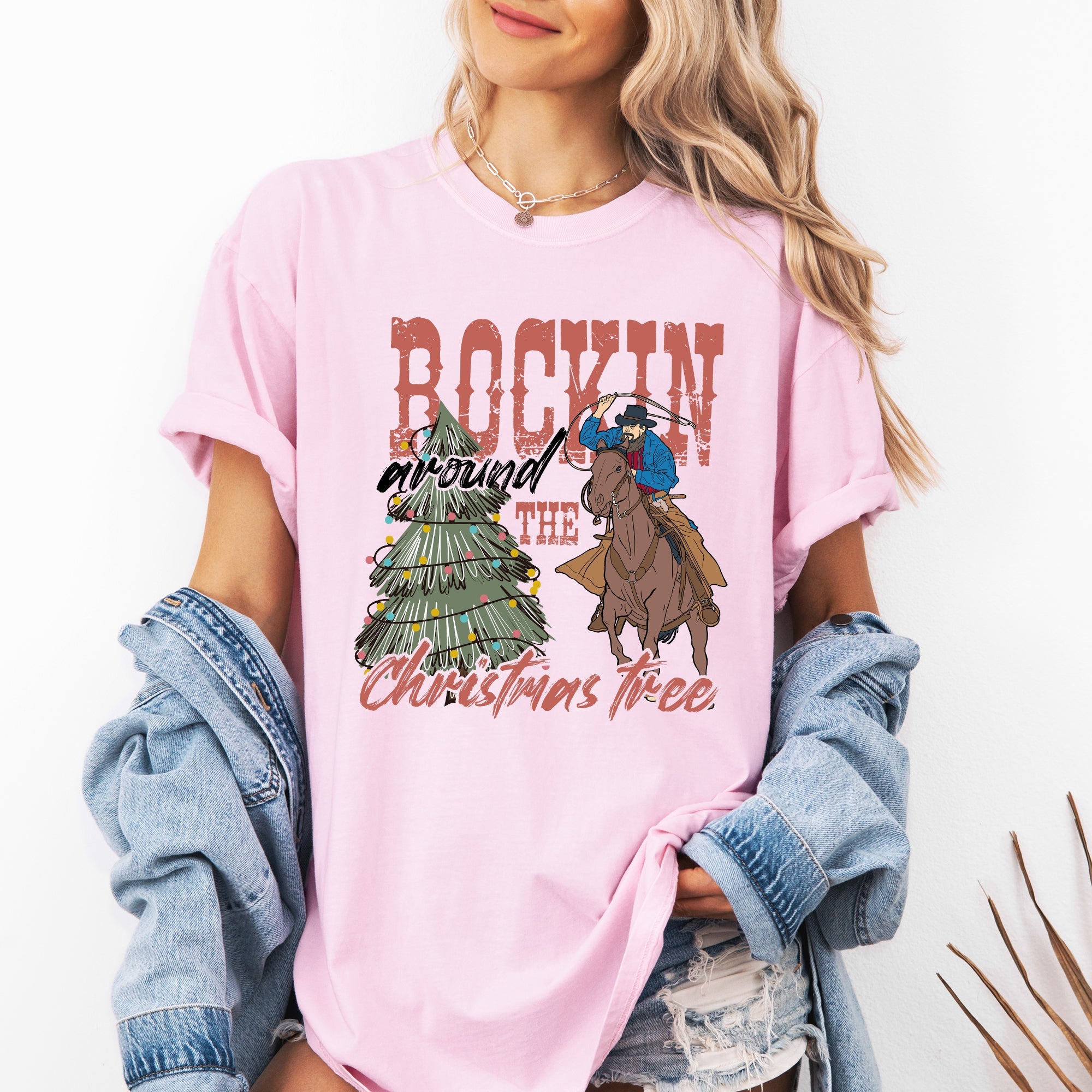 Rockin Around The Christmas Tree Cowboy Lasso Country Western Santa Xmas Comfort Colors Tee