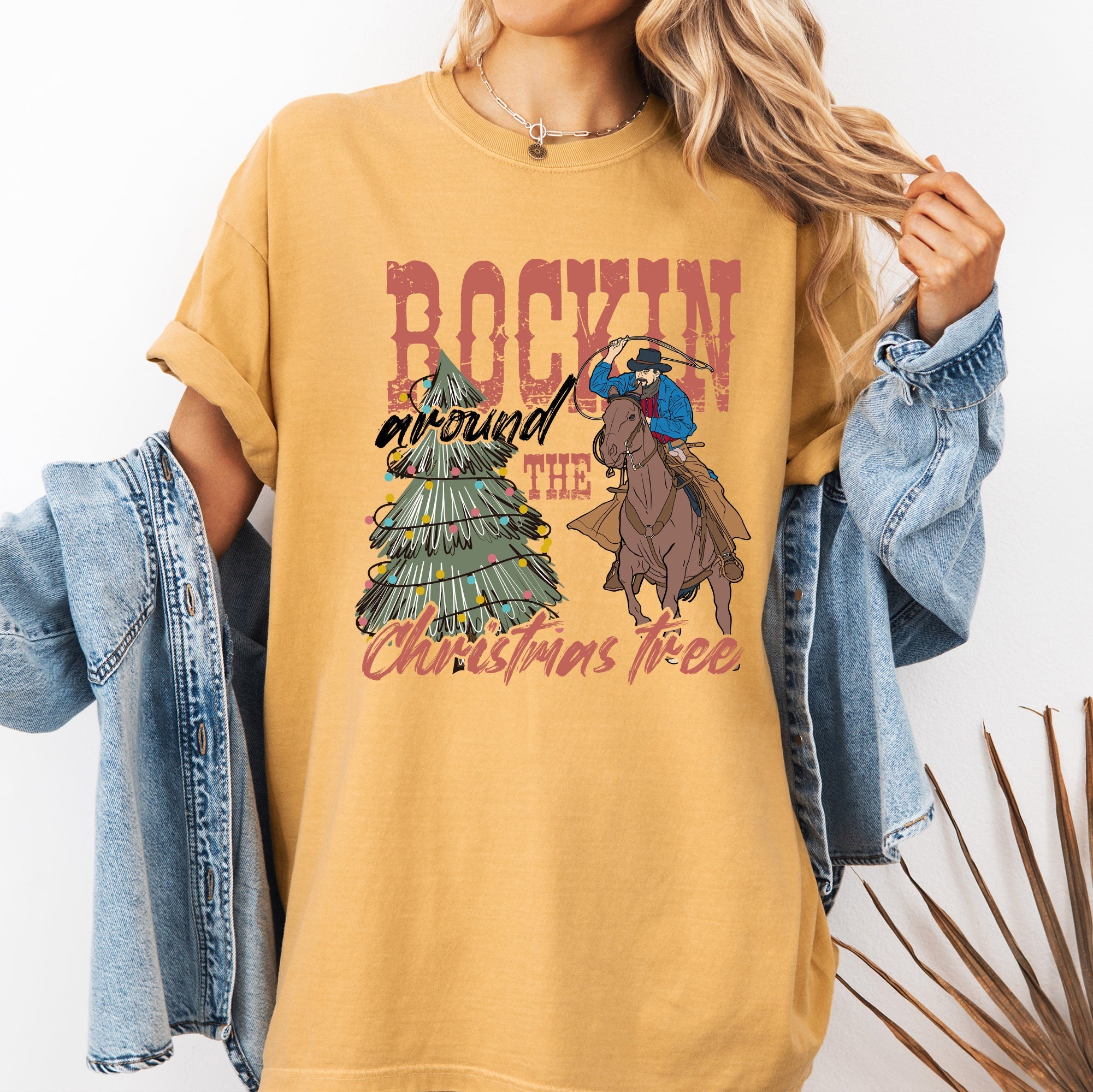 Rockin Around The Christmas Tree Cowboy Lasso Country Western Santa Xmas Comfort Colors Tee