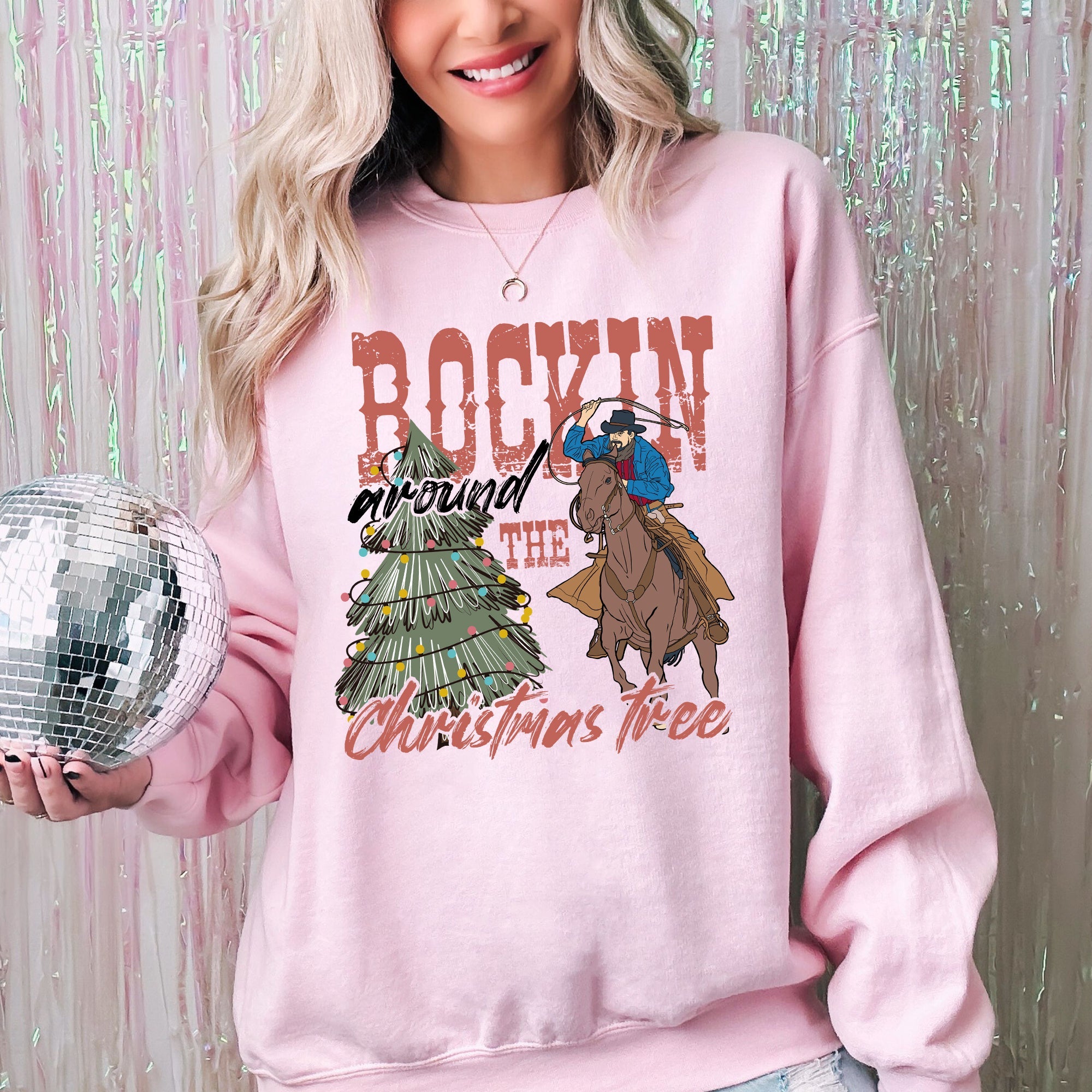 Rockin Around The Christmas Tree Cowboy Lasso Santa Western Xmas Graphic Sweatshirt