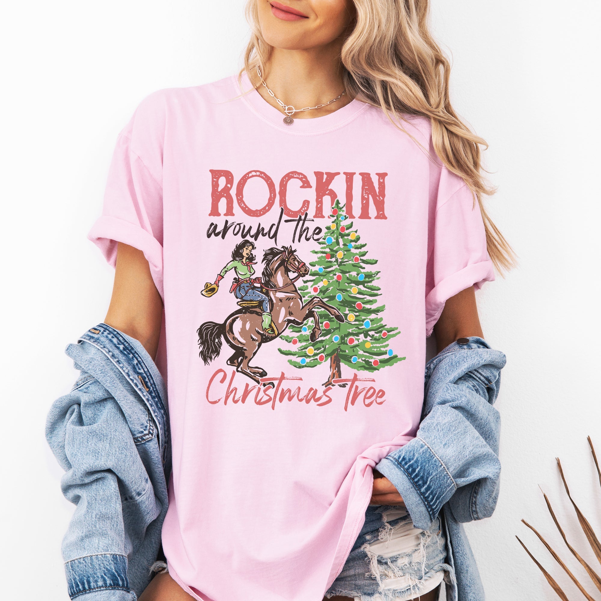 Rockin Around The Christmas Tree Cowgirl Country Western Santa Xmas Comfort Colors Tee