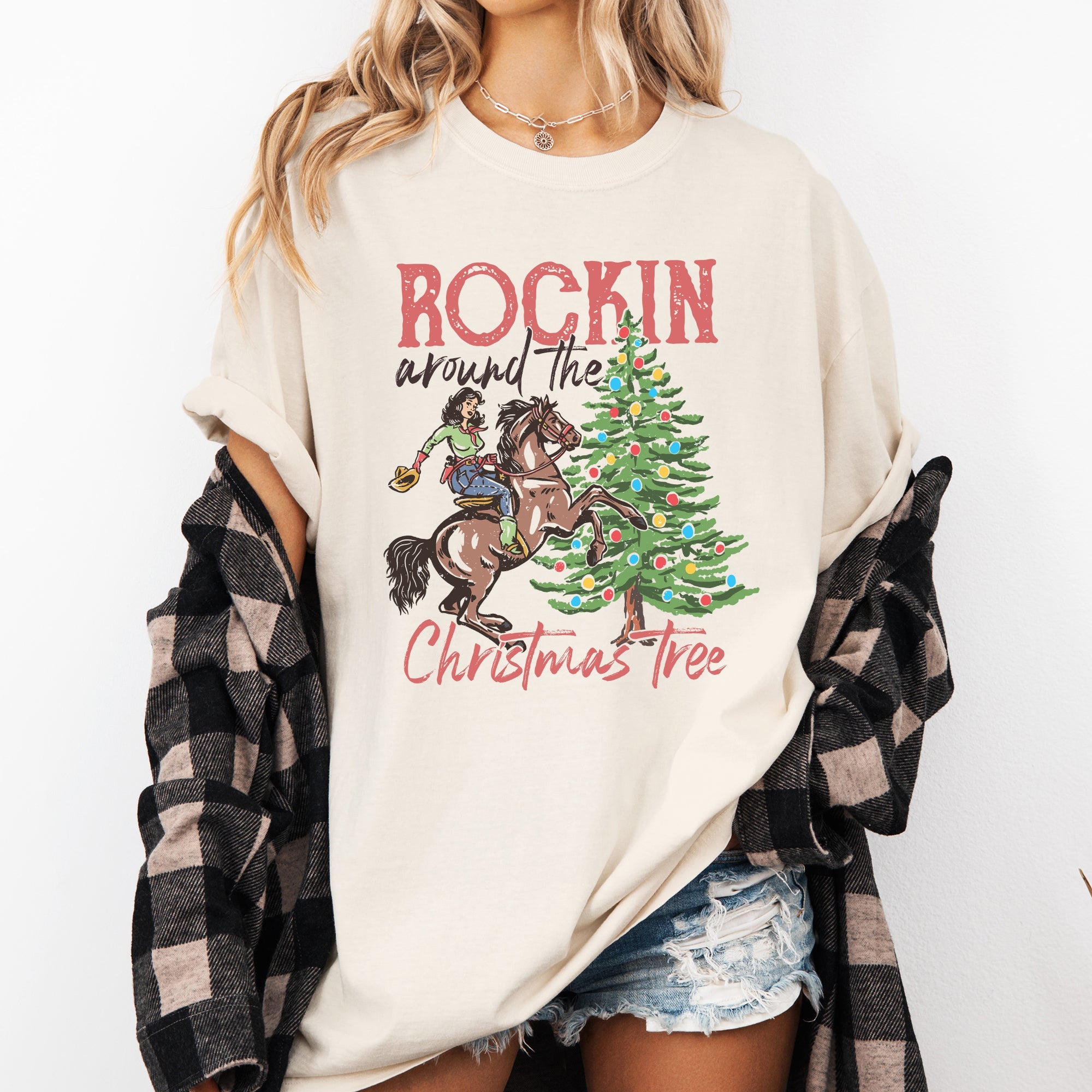 Rockin Around The Christmas Tree Cowgirl Country Western Santa Xmas Comfort Colors Tee