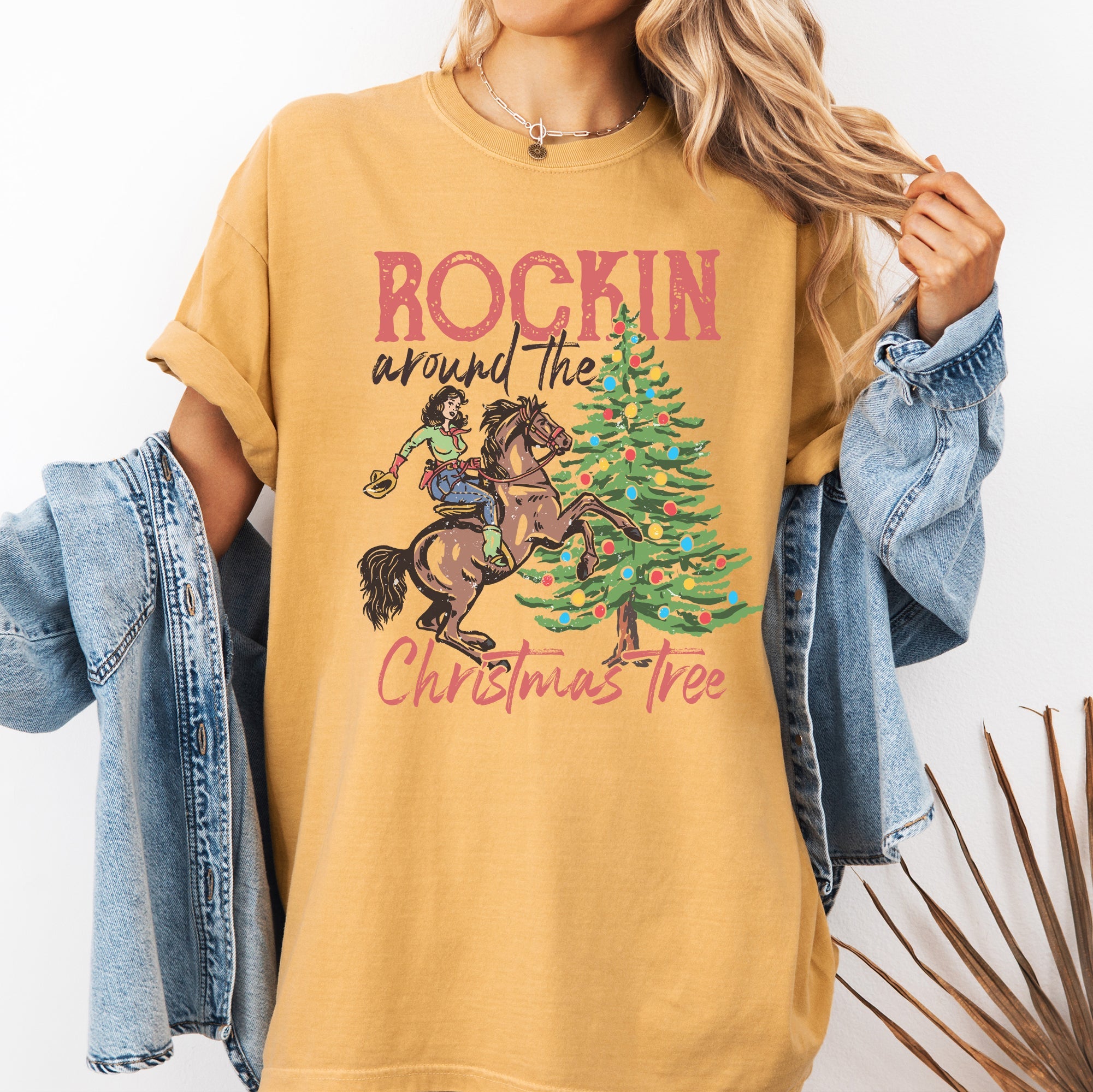 Rockin Around The Christmas Tree Cowgirl Country Western Santa Xmas Comfort Colors Tee