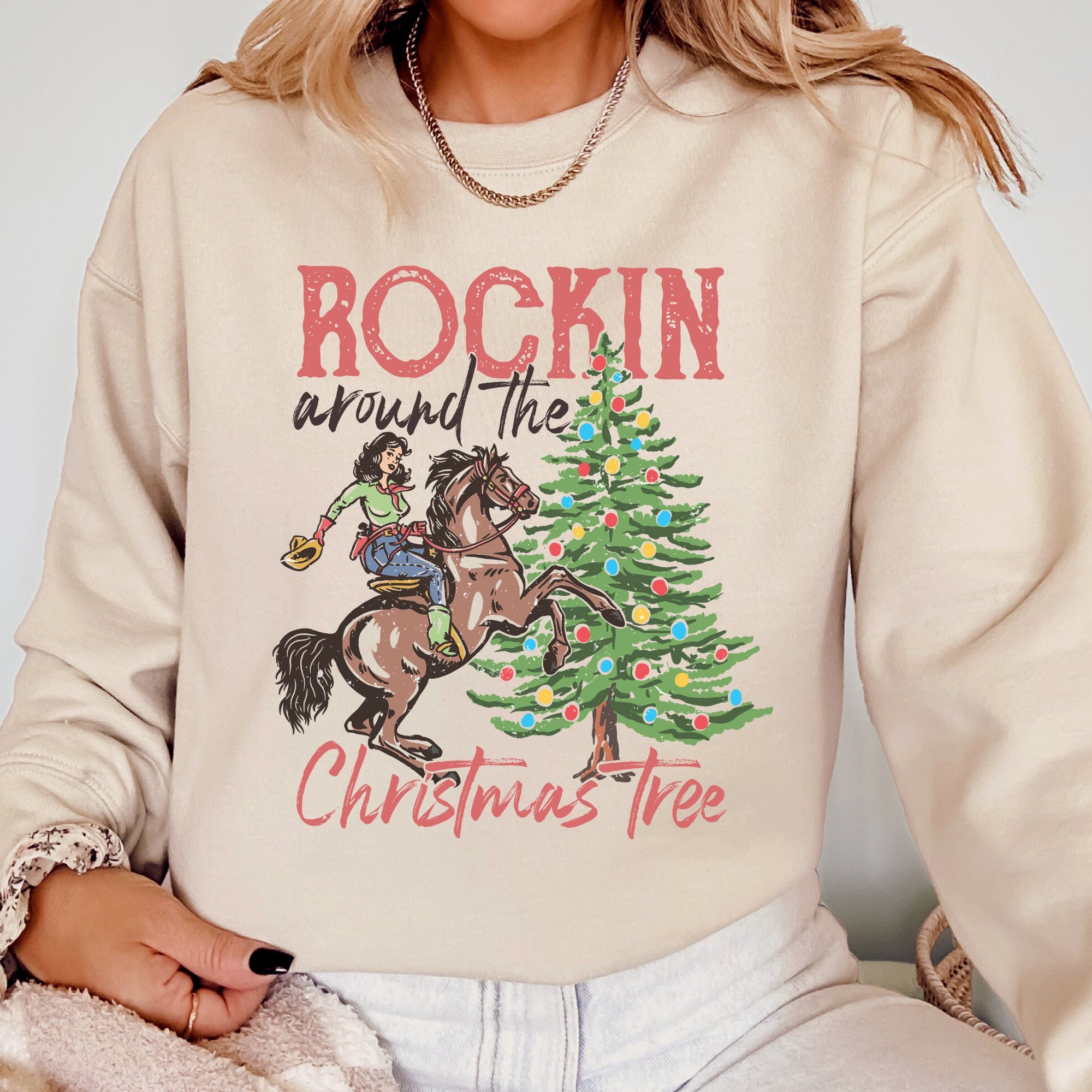 Rockin' Around The Christmas Tree Cowgirl Country Western Santa Xmas Festive Sweatshirt
