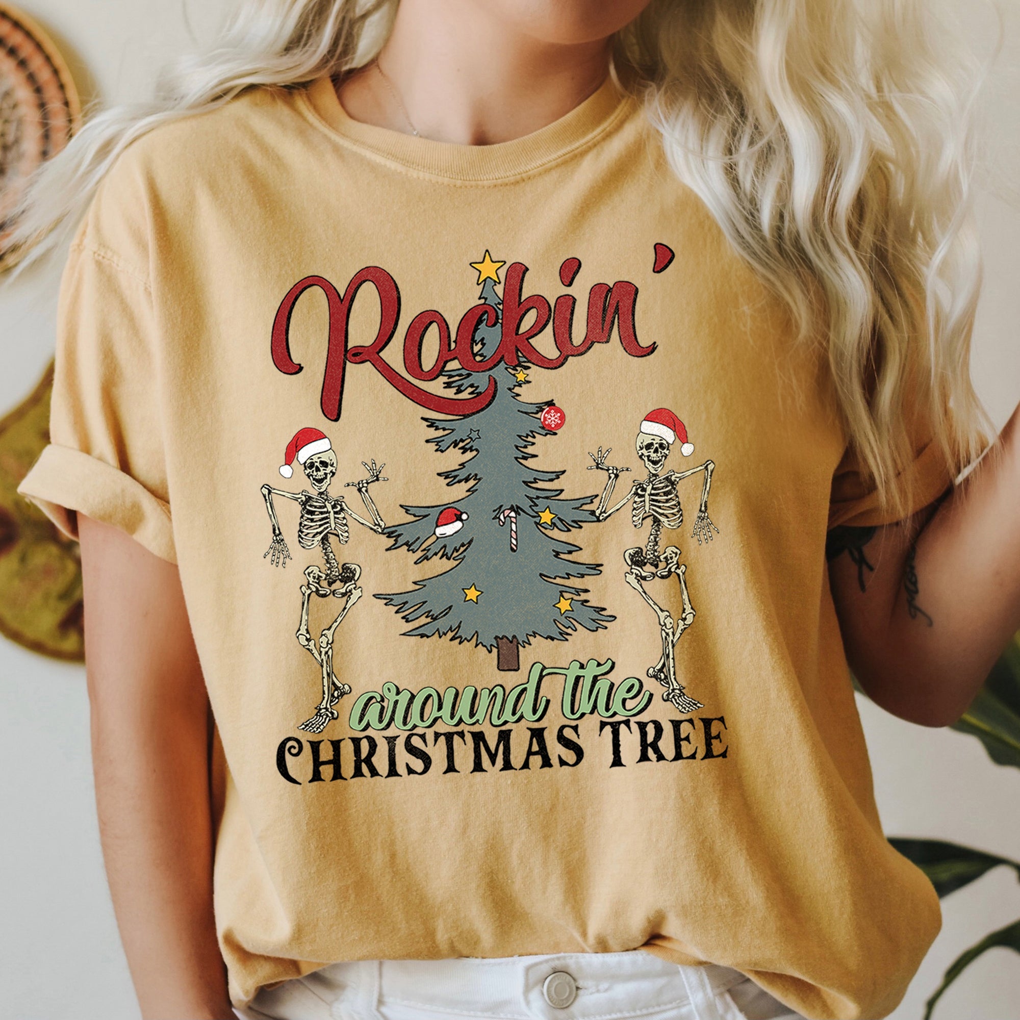 Rocking Around The Christmas Tree, Dancing Skeletons Holiday Vintage Comfort Colors Tee