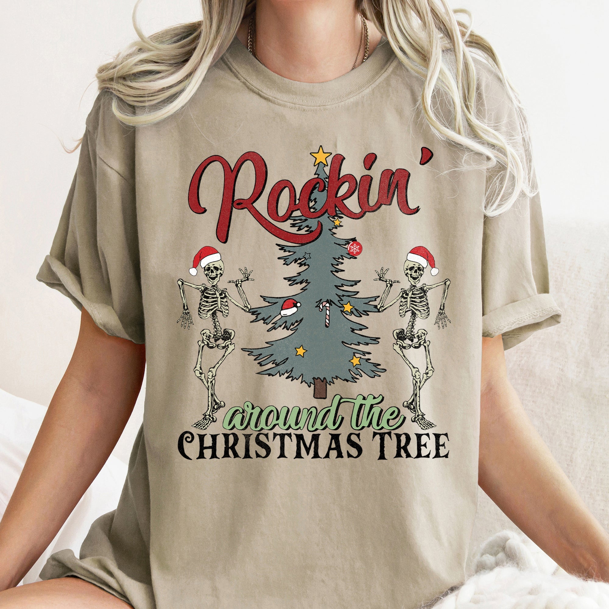 Rocking Around The Christmas Tree, Dancing Skeletons Holiday Vintage Comfort Colors Tee