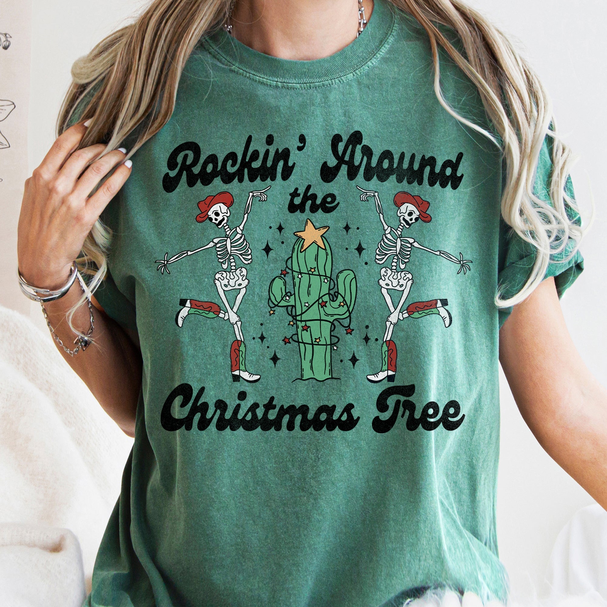 Rocking Around The Christmas Tree Desert Cactus Dancing Skeletons Comfort Colors Tee