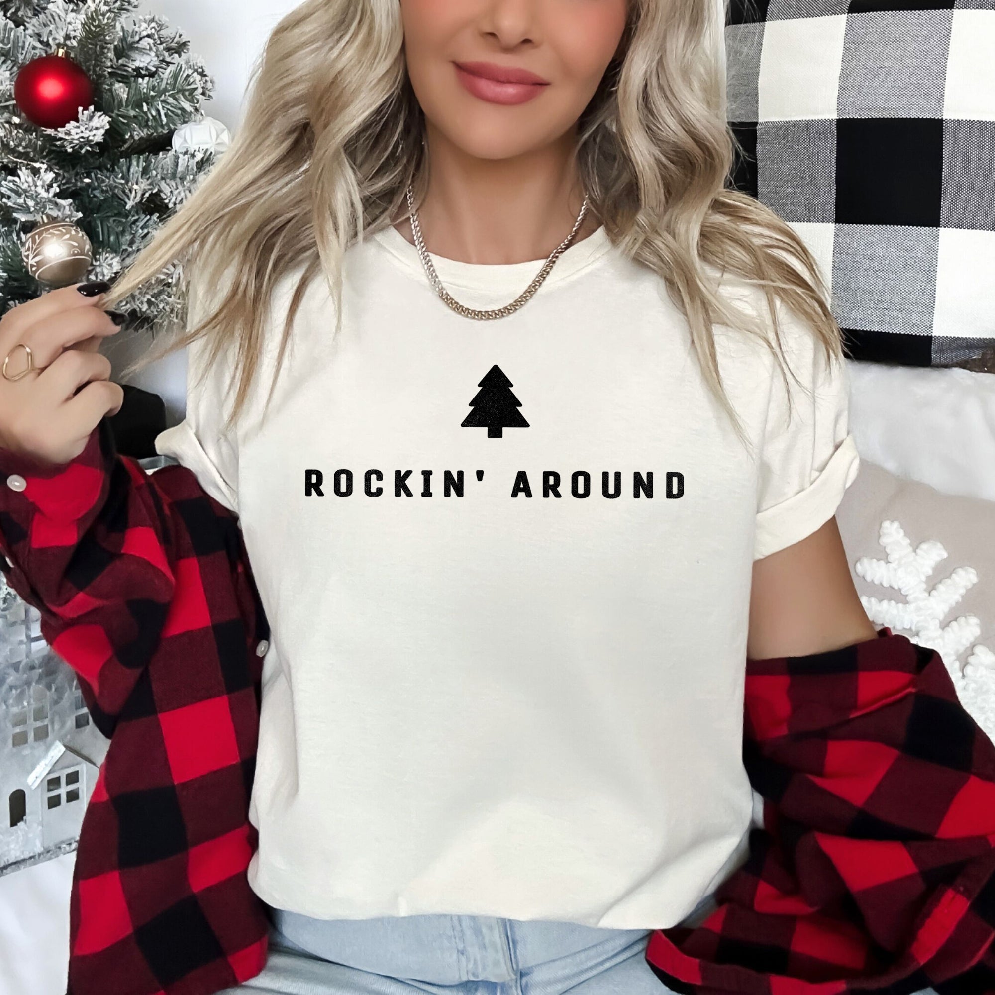 Rocking Around The Christmas Tree Minimalist Retro Holiday Theme Classic Graphic Tee
