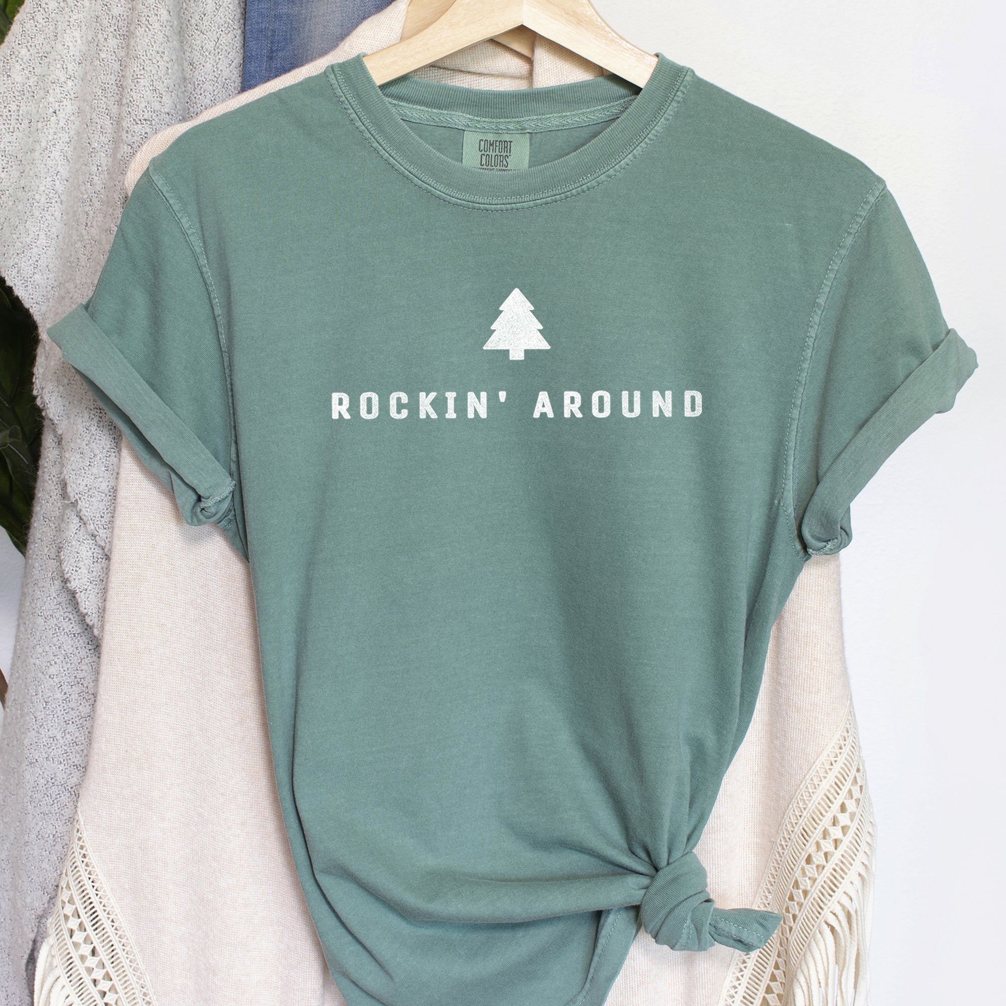 Rocking Around The Christmas Tree Minimal Retro Rock And Roll Comfort Colors Tee