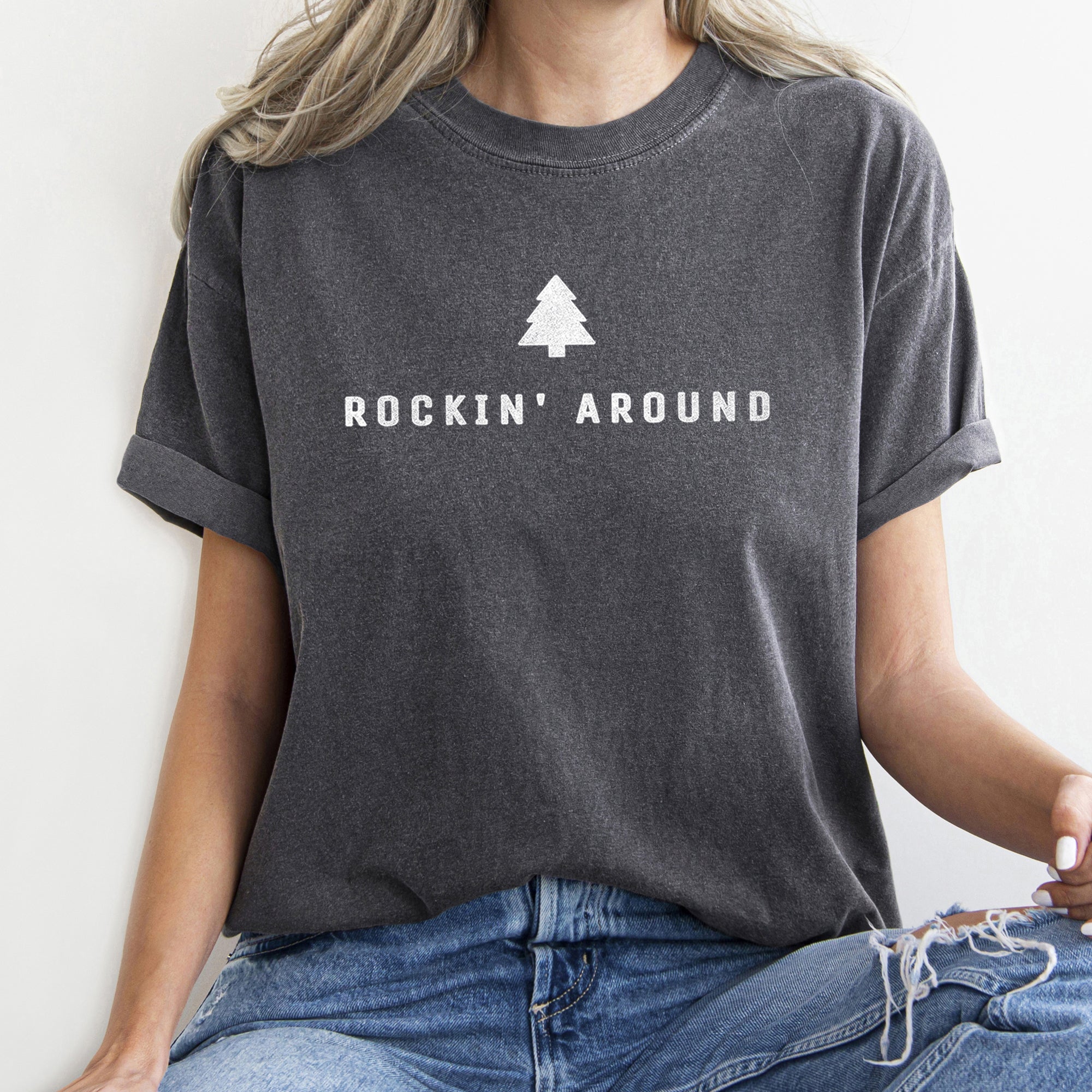 Rocking Around The Christmas Tree Minimal Retro Rock And Roll Comfort Colors Tee