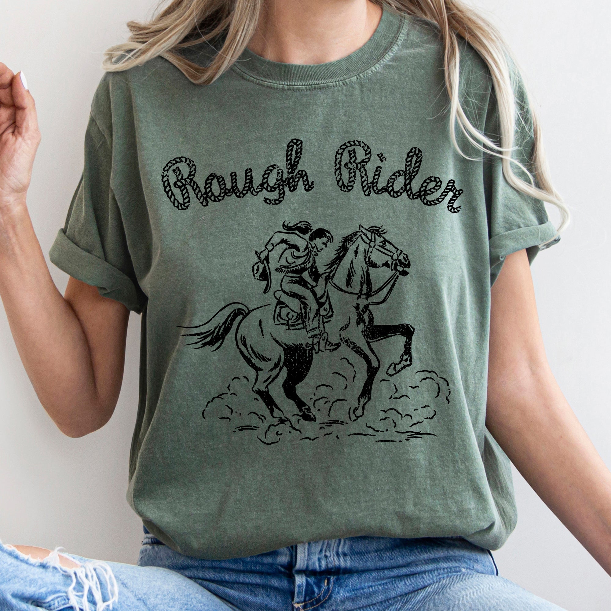 Rough Rider Rodeo Cowboy Western Cowgirl Horse Bronco Classic Comfort Colors Tee
