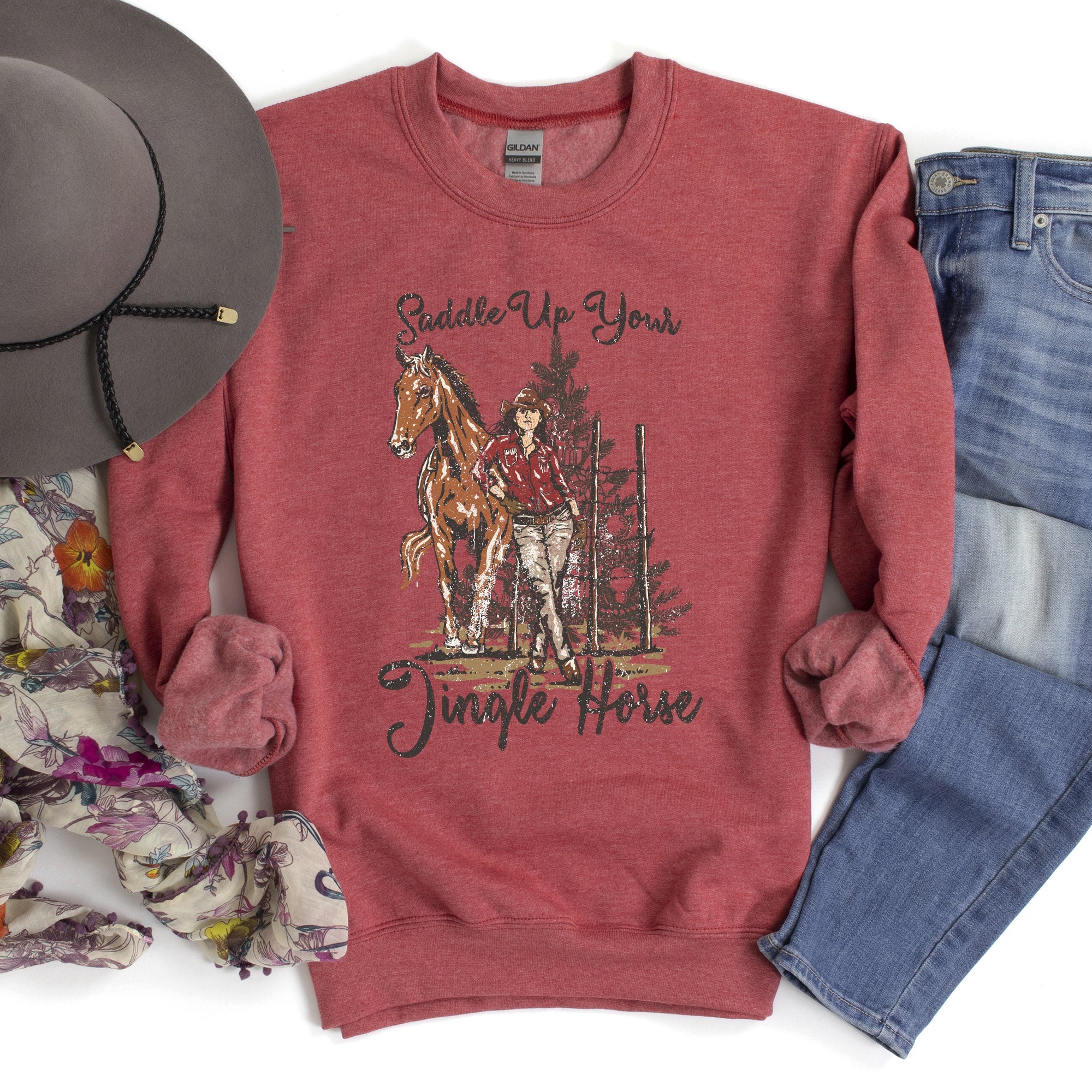 Saddle Up Your Jingle Horse Christmas Cowgirl Cowboy Country Western Holiday Sweatshirt