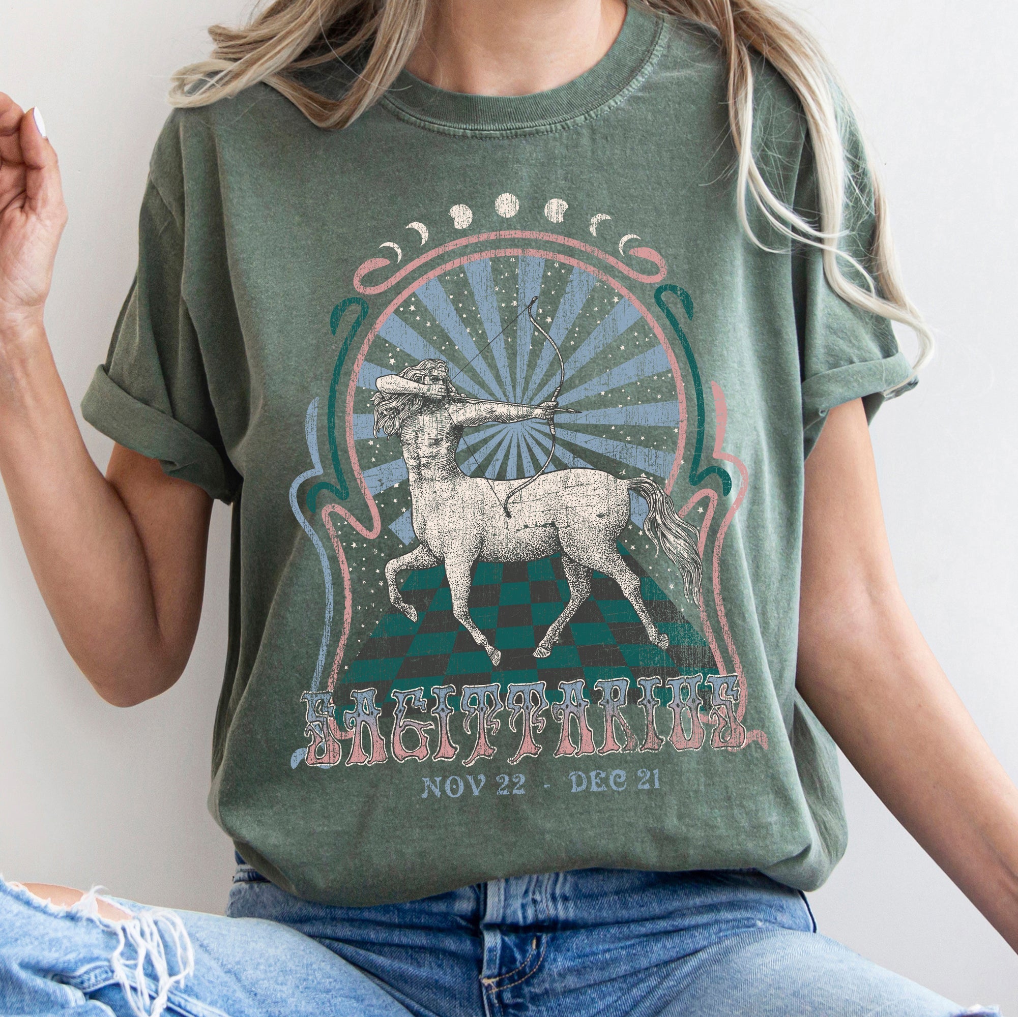 Sagittarius Zodiac Horoscope Astrology Vintage Celestial Print Comfort Colors Tee
