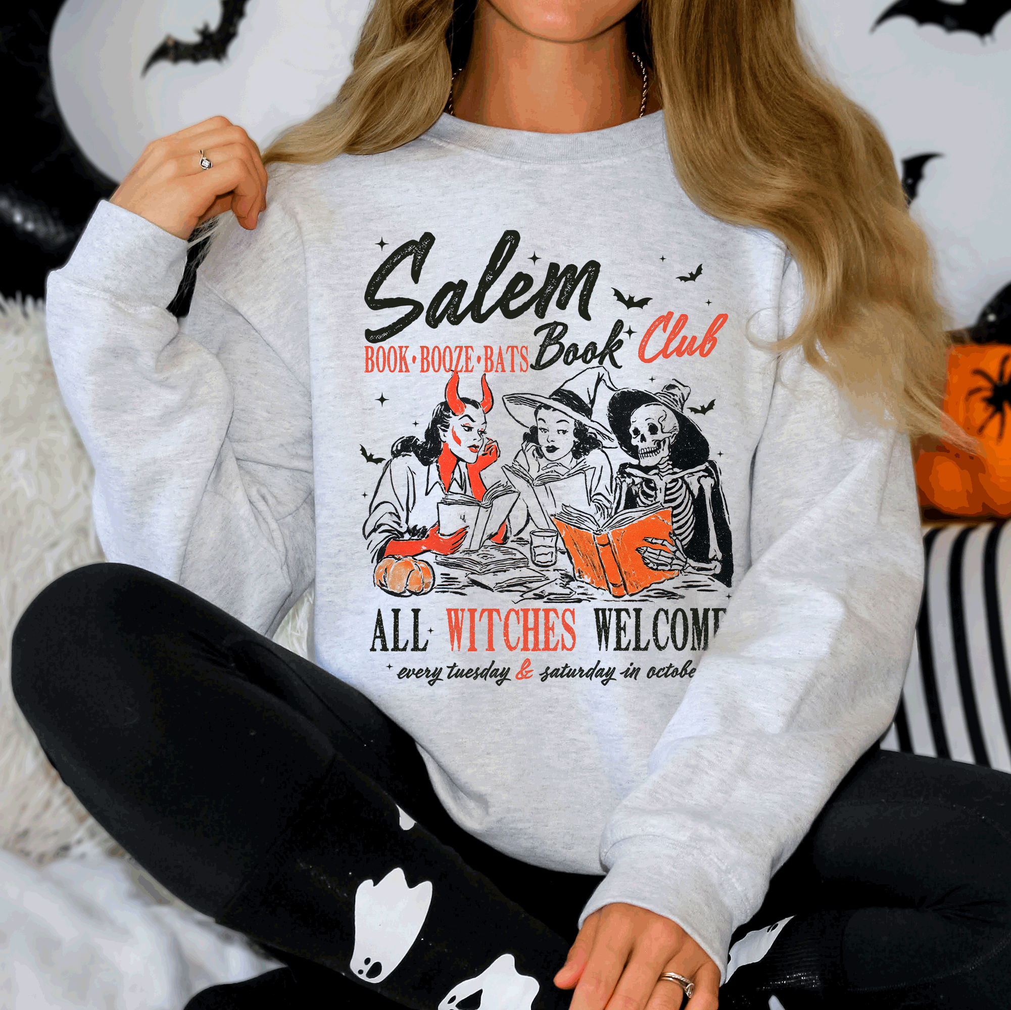 Salem Book Club All Witches Welcome Bookish Booktok Classic Vintage Halloween Reading Books Sweatshirt