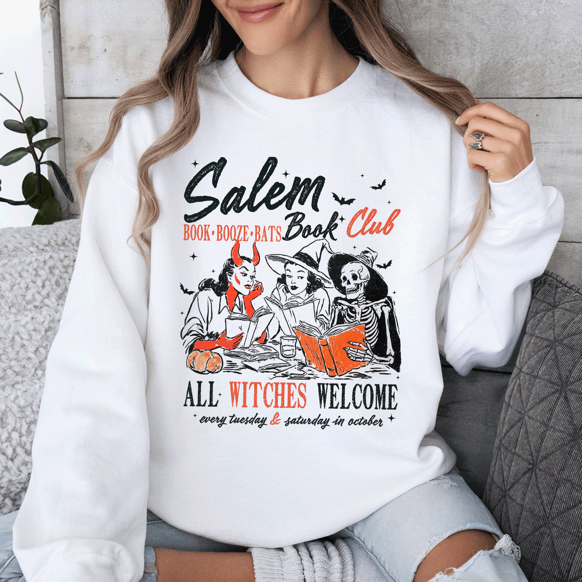 Salem Book Club All Witches Welcome Bookish Booktok Classic Vintage Halloween Reading Books Sweatshirt
