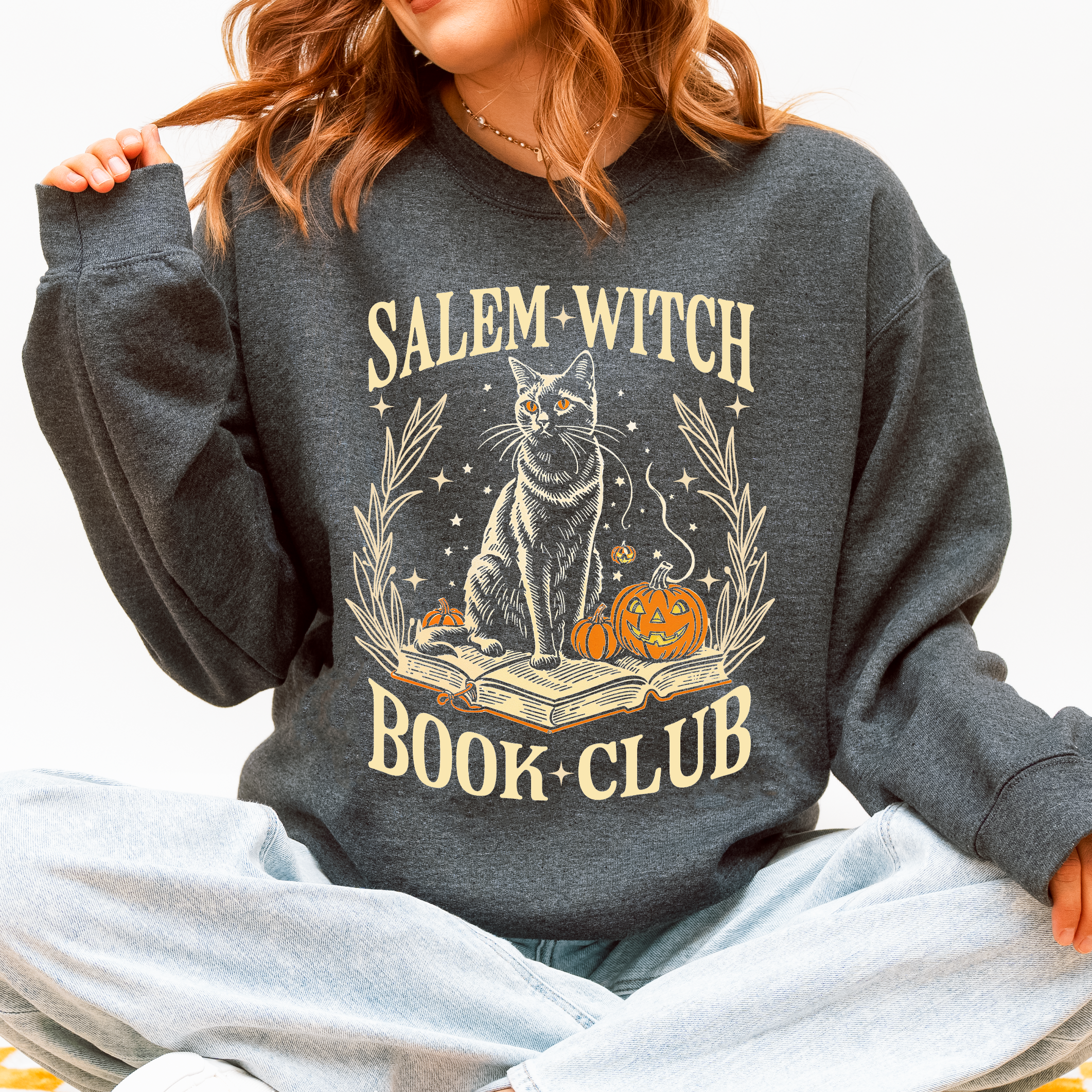 Salem Book Club Cat Retro Classic Vintage Halloween Reading Books Deluxe Sweatshirt