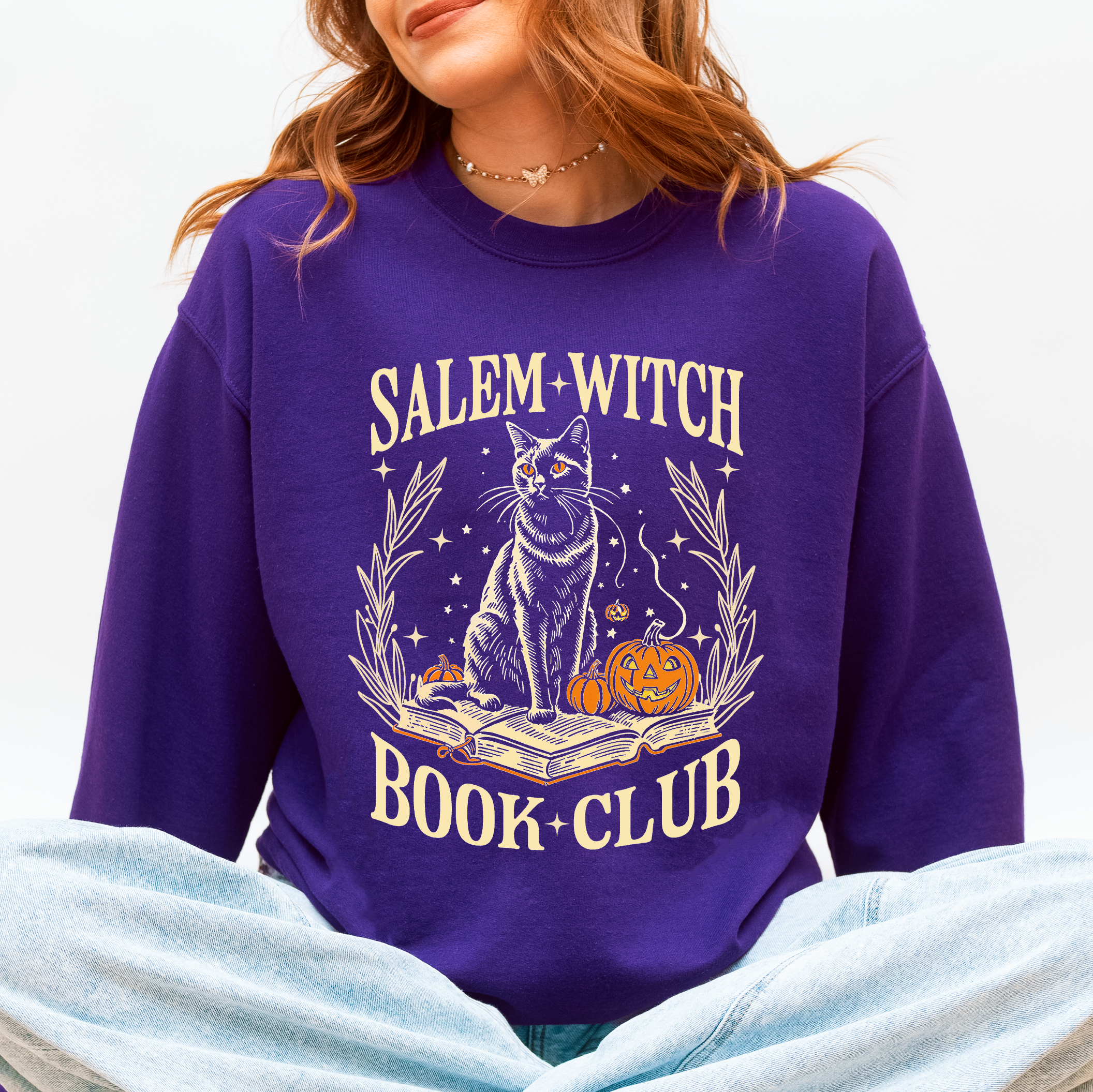 Salem Book Club Cat Retro Classic Vintage Halloween Reading Books Deluxe Sweatshirt