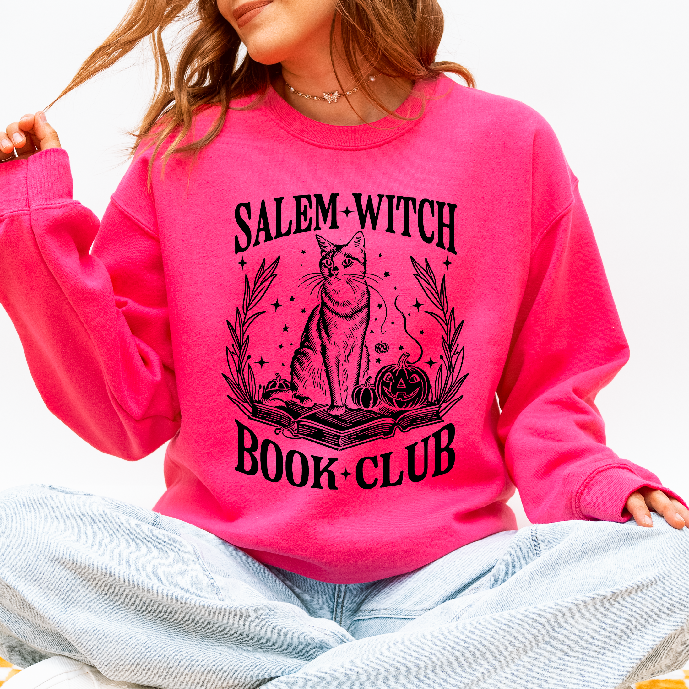 Salem Book Club Cat Retro Classic Vintage Halloween Reading Books Deluxe Sweatshirt