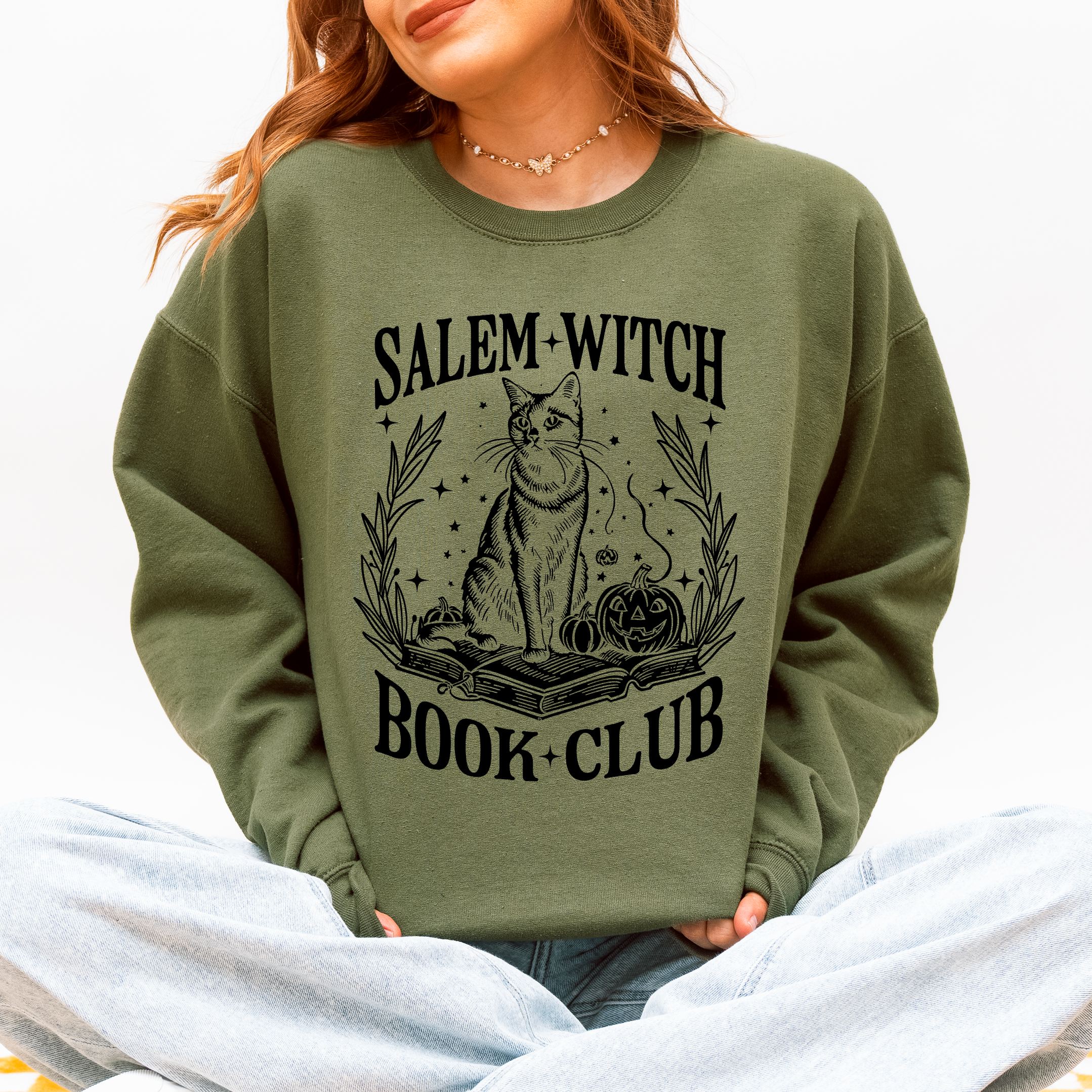 Salem Book Club Cat Retro Classic Vintage Halloween Reading Books Deluxe Sweatshirt