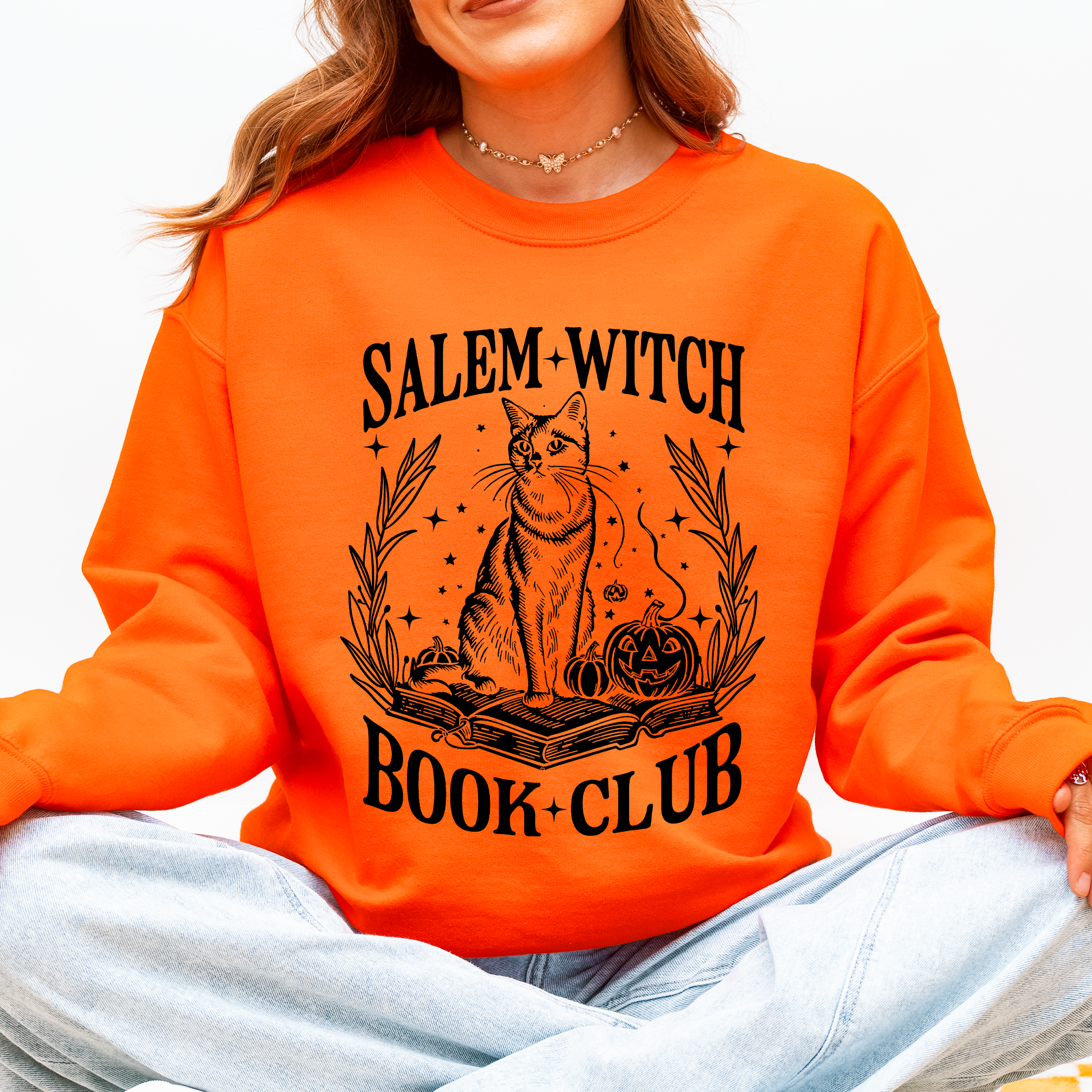 Salem Book Club Cat Retro Classic Vintage Halloween Reading Books Deluxe Sweatshirt
