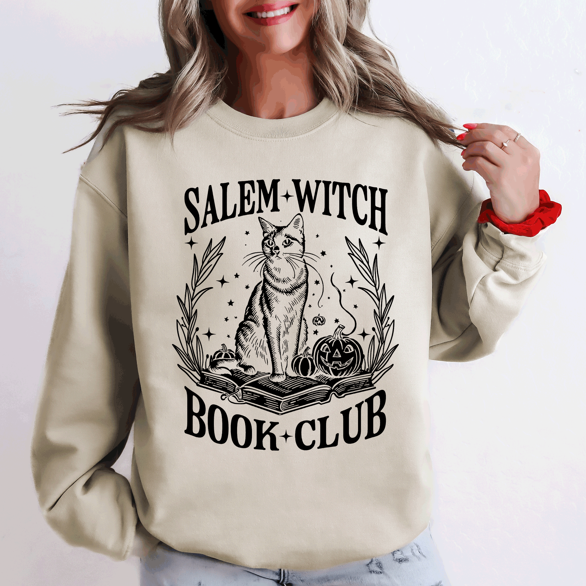 Salem Book Club Cat Retro Classic Vintage Halloween Reading Books Deluxe Sweatshirt