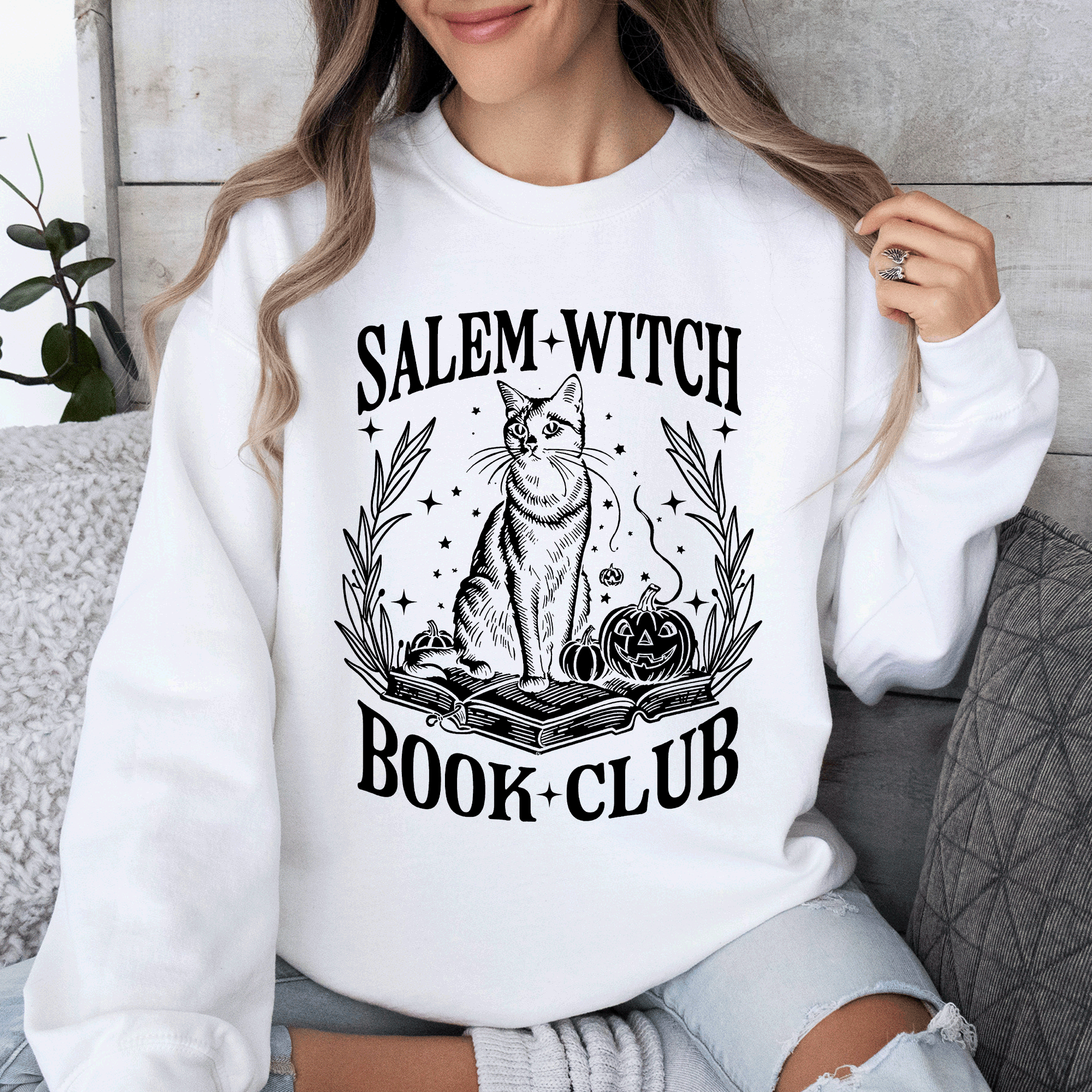 Salem Book Club Cat Retro Classic Vintage Halloween Reading Books Deluxe Sweatshirt
