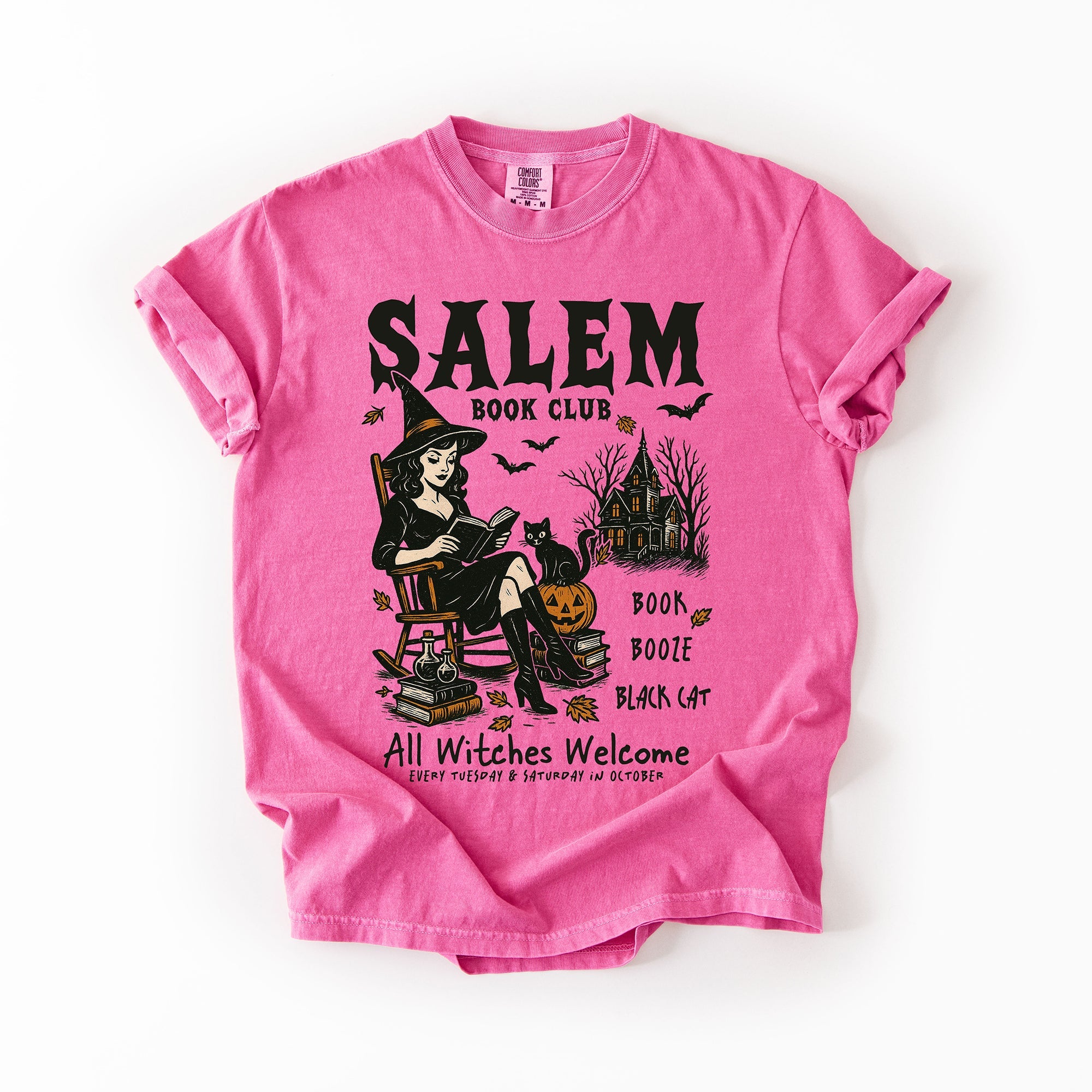 Salem Book Club Rocking Chair Retro Classic Vintage Halloween Reading Books Comfort Colors Tee