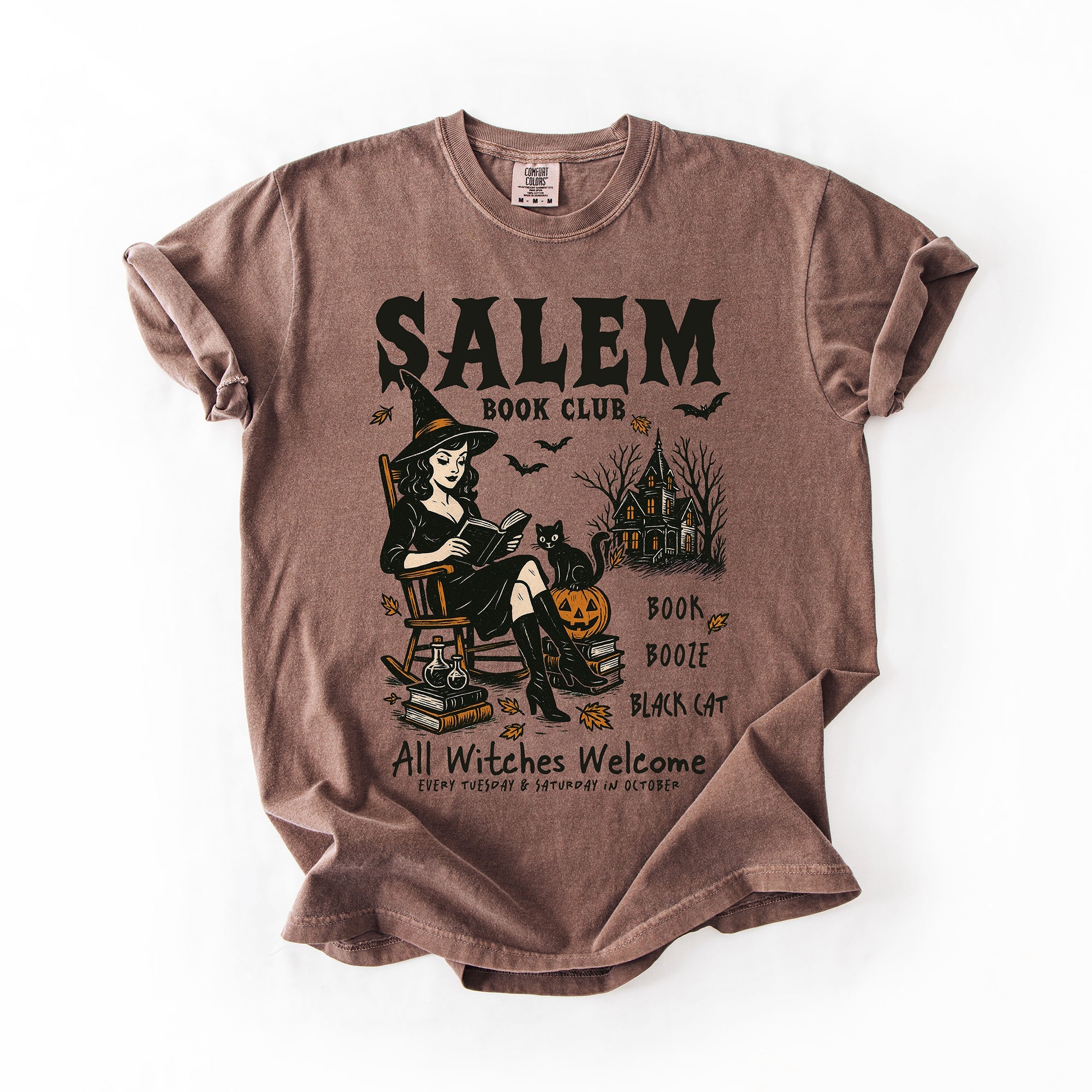 Salem Book Club Rocking Chair Retro Classic Vintage Halloween Reading Books Comfort Colors Tee
