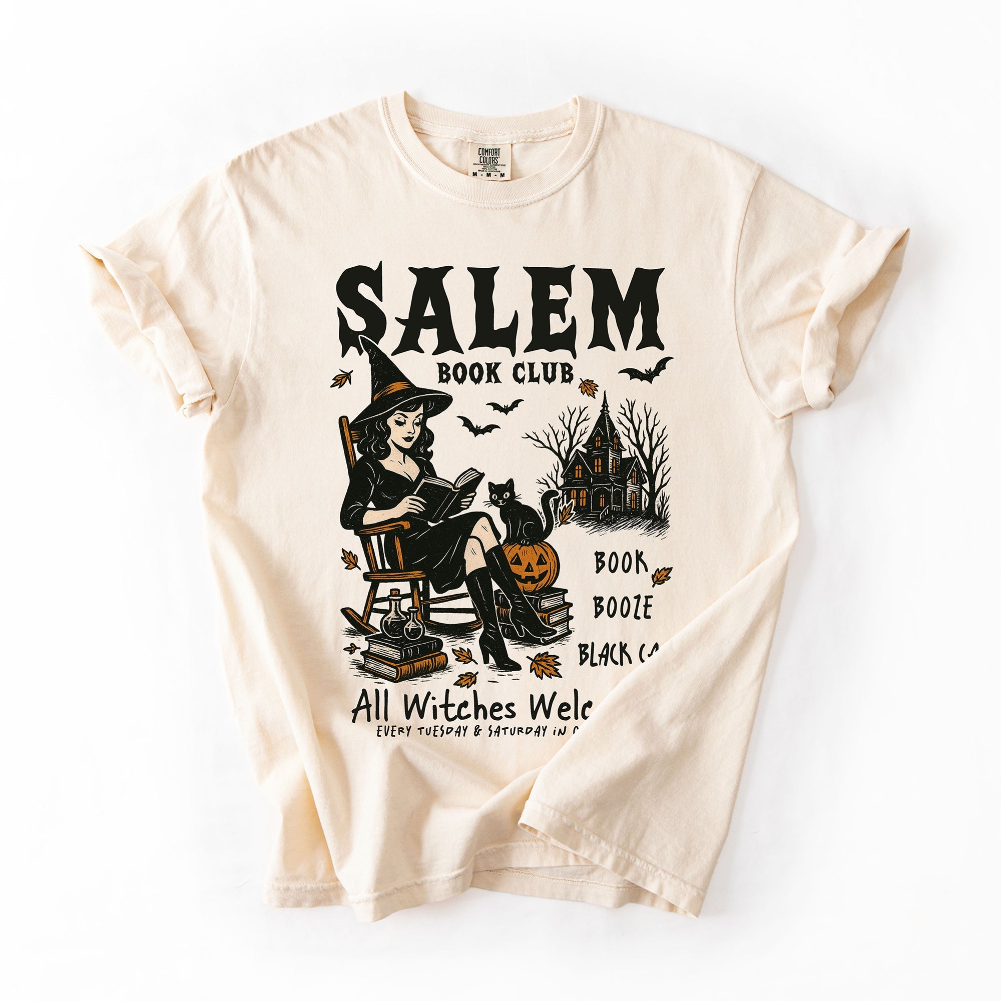 Salem Book Club Rocking Chair Retro Classic Vintage Halloween Reading Books Comfort Colors Tee