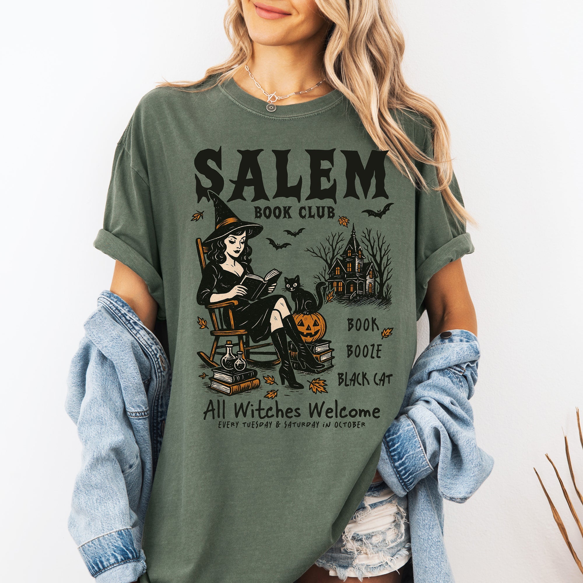 Salem Book Club Rocking Chair Retro Classic Vintage Halloween Reading Books Comfort Colors Tee