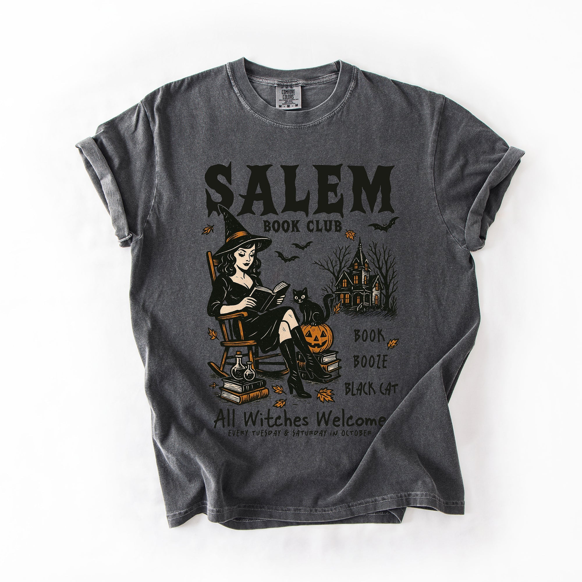 Salem Book Club Rocking Chair Retro Classic Vintage Halloween Reading Books Comfort Colors Tee