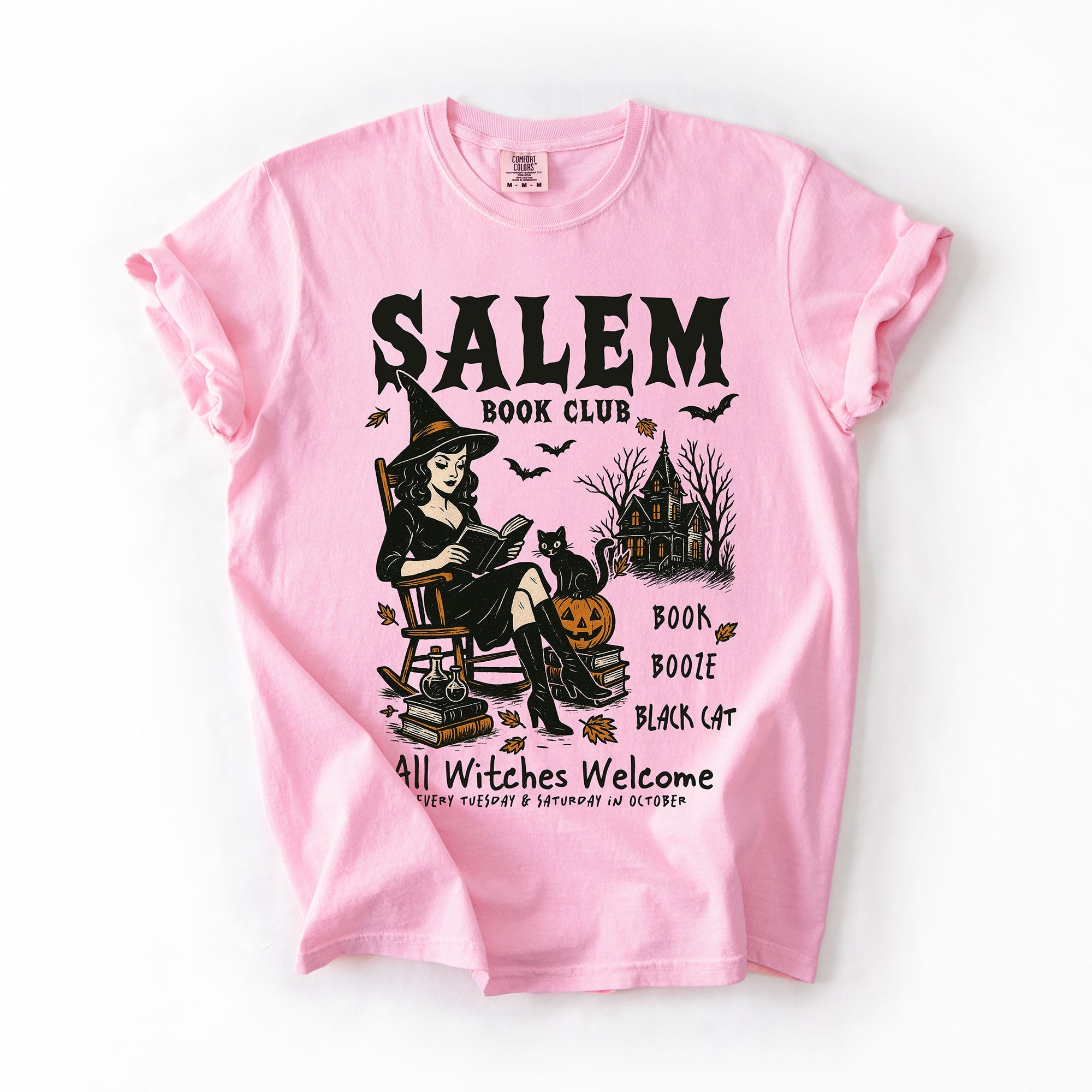 Salem Book Club Rocking Chair Retro Classic Vintage Halloween Reading Books Comfort Colors Tee