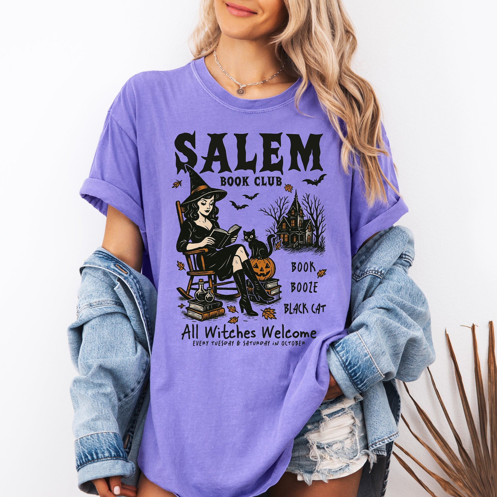 Salem Book Club Rocking Chair Retro Classic Vintage Halloween Reading Books Comfort Colors Tee