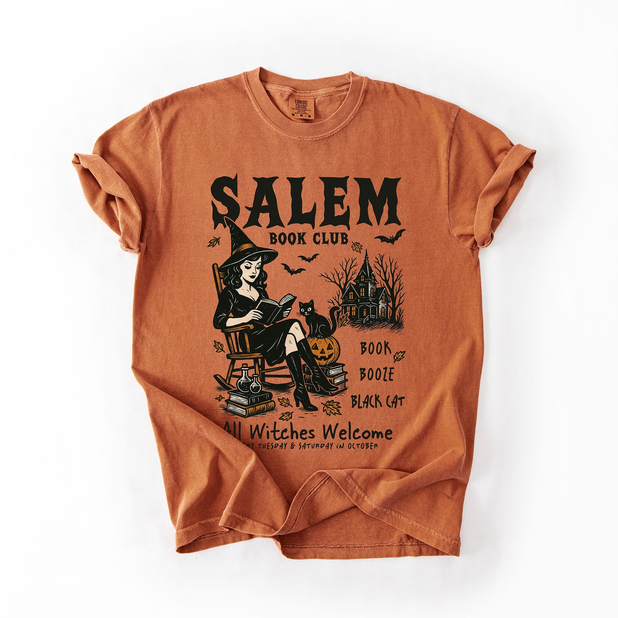 Salem Book Club Rocking Chair Retro Classic Vintage Halloween Reading Books Comfort Colors Tee