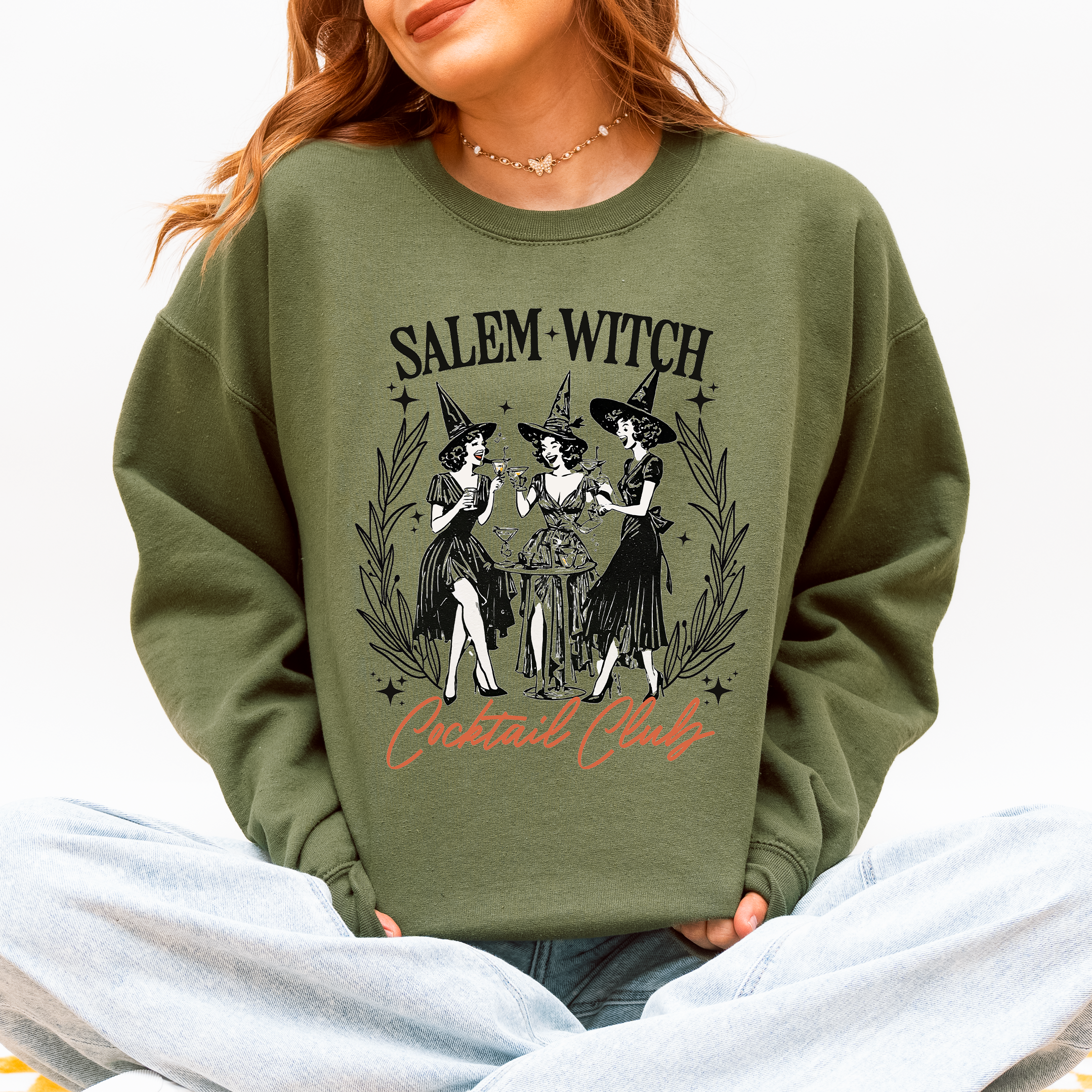 Salem Witch Cocktail Club Halloween Spooky Mystic Night Graphic Illustration Sweatshirt