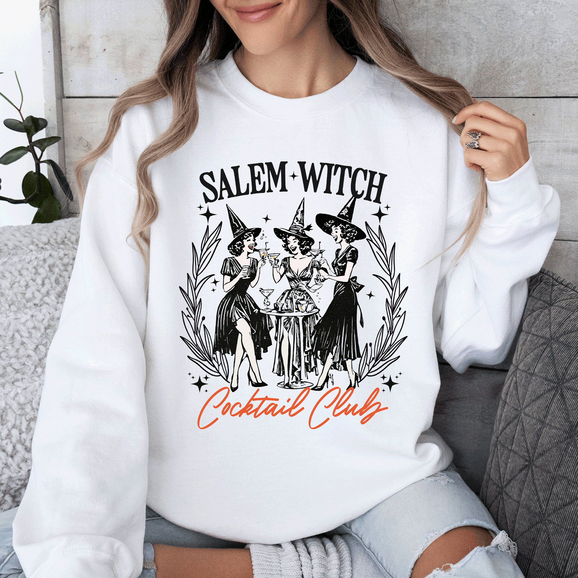 Salem Witch Cocktail Club Halloween Spooky Mystic Night Graphic Illustration Sweatshirt