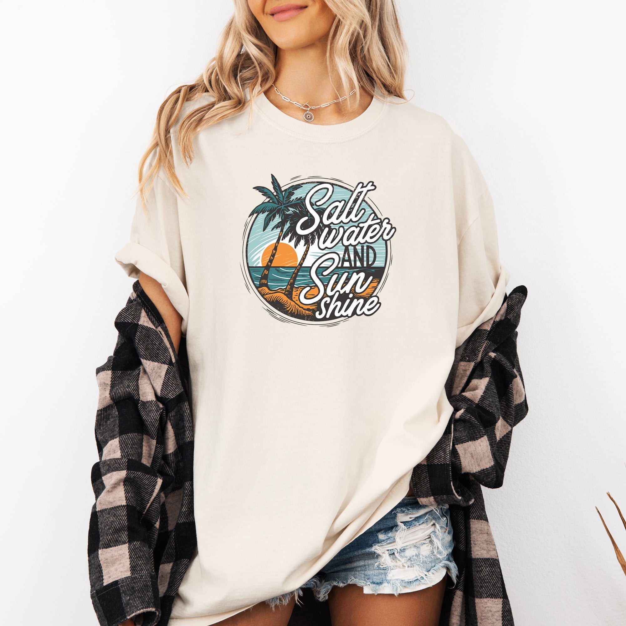Salt Water And Sunshine Summer Beach Paradise Print And Seaside Vibes Comfort Colors Tee