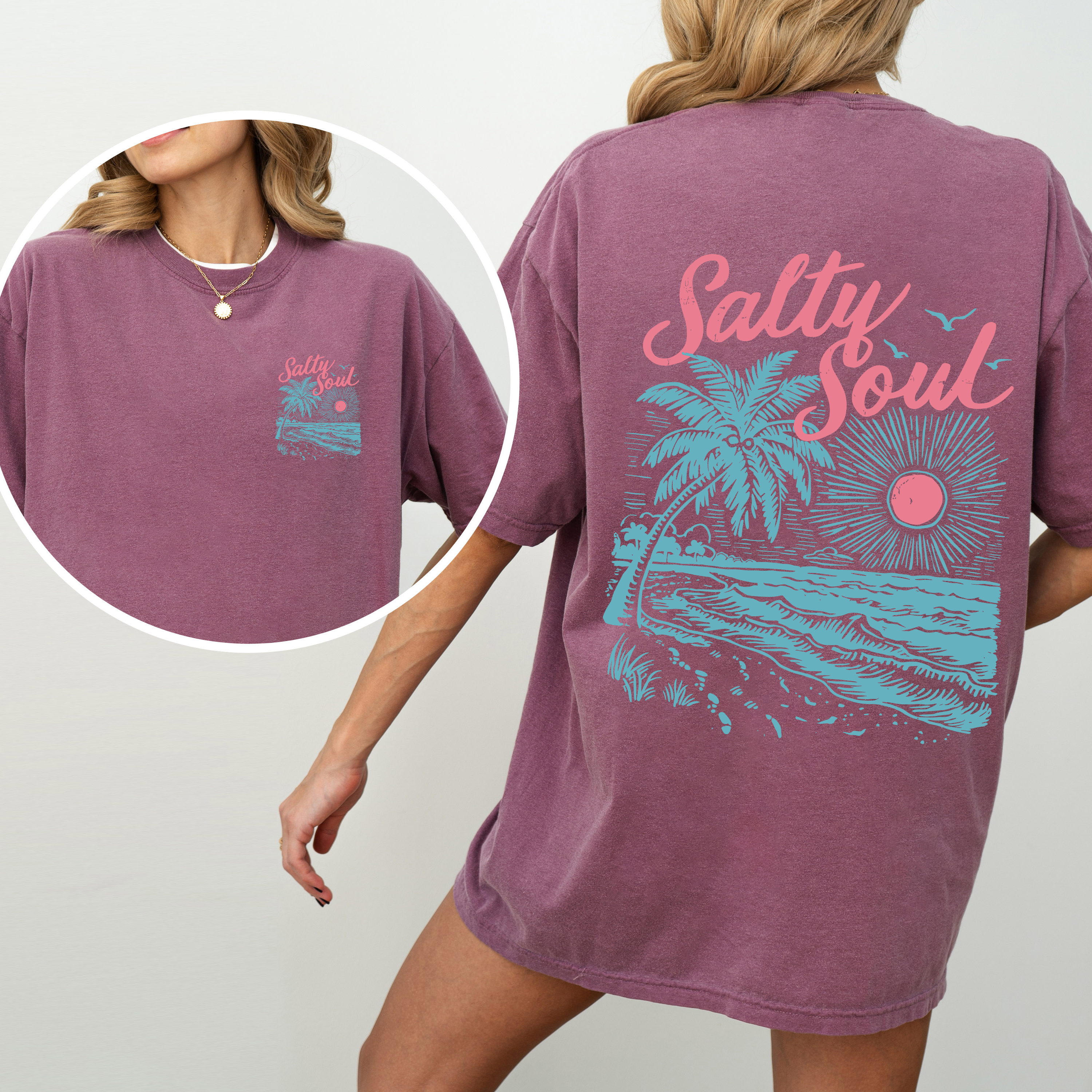 Salty Soul Beach Sunset Palm Trees Summer Front And Back Beach Vibes Forever Comfort Colors Tee