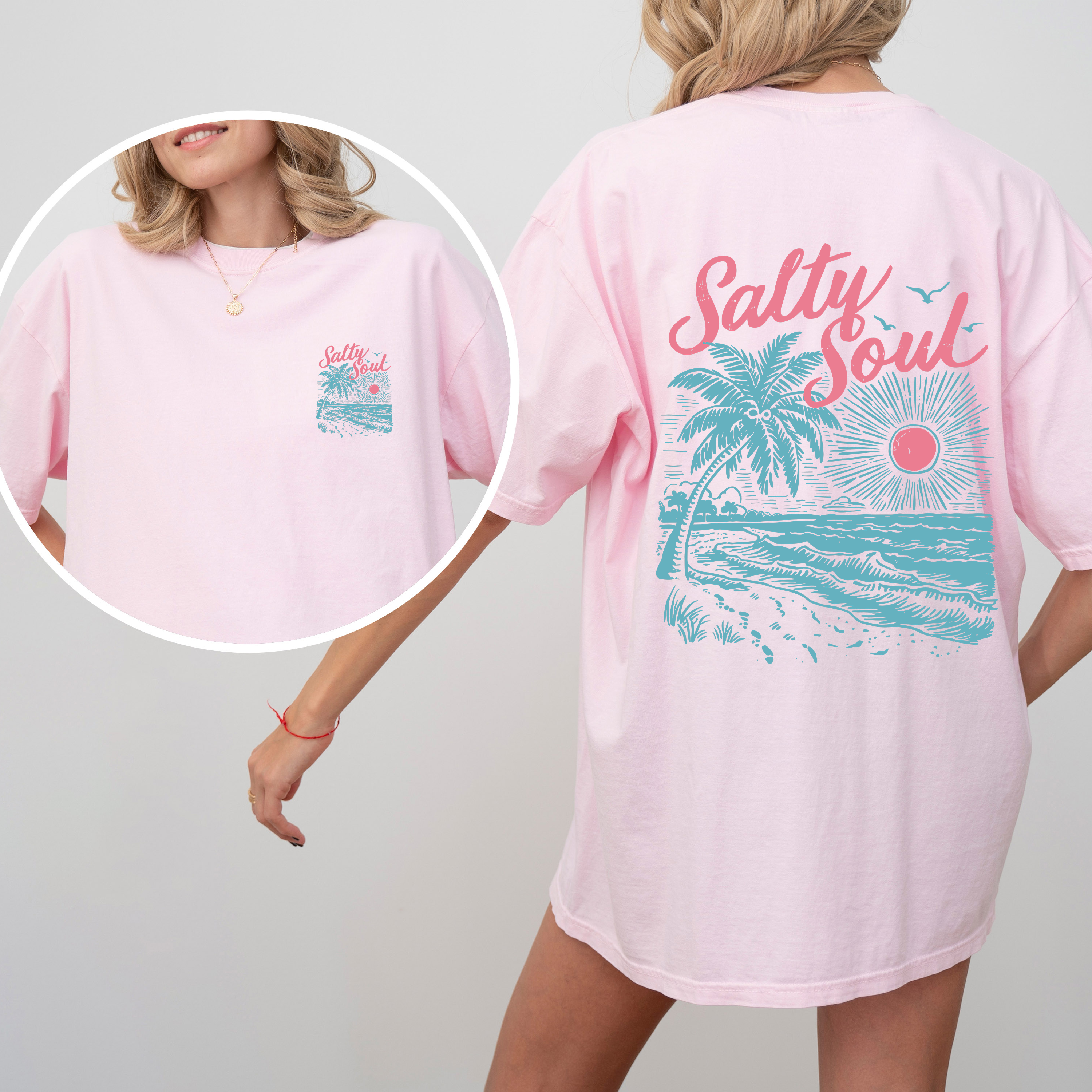 Salty Soul Beach Sunset Palm Trees Summer Front And Back Beach Vibes Forever Comfort Colors Tee