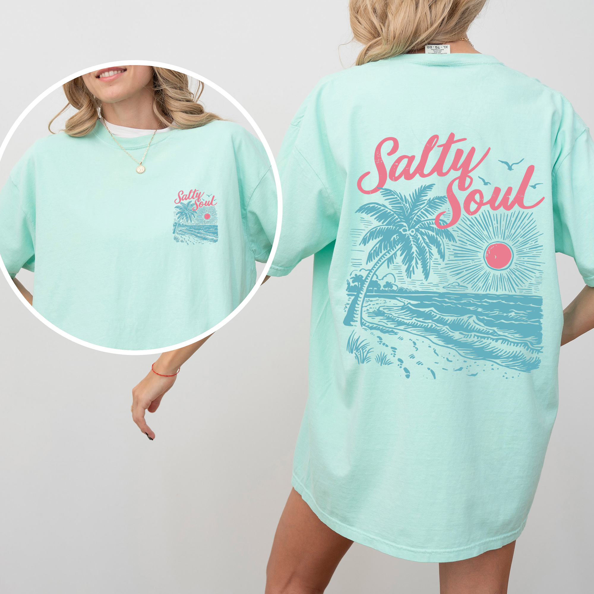 Salty Soul Beach Sunset Palm Trees Summer Front And Back Beach Vibes Forever Comfort Colors Tee