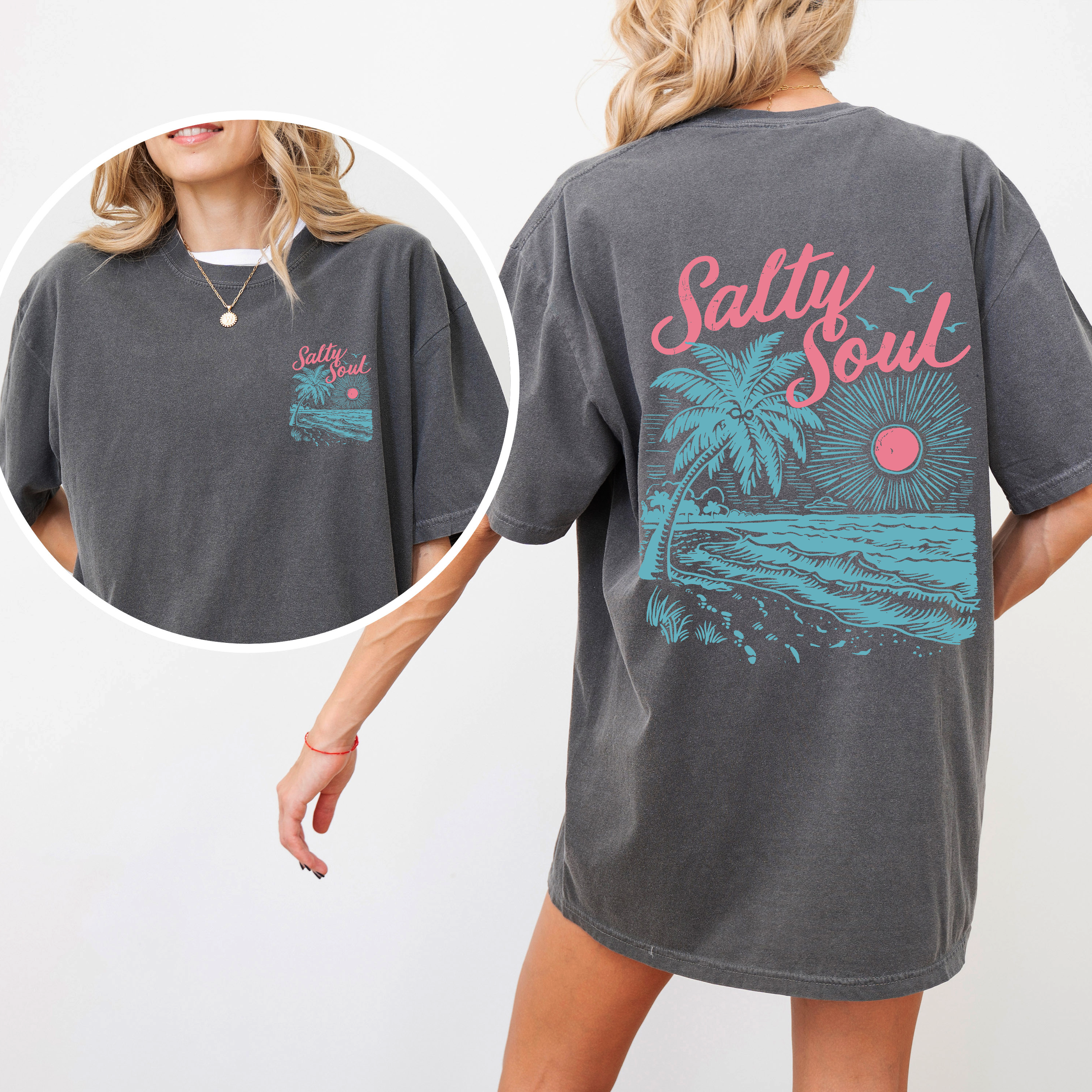 Salty Soul Beach Sunset Palm Trees Summer Front And Back Beach Vibes Forever Comfort Colors Tee
