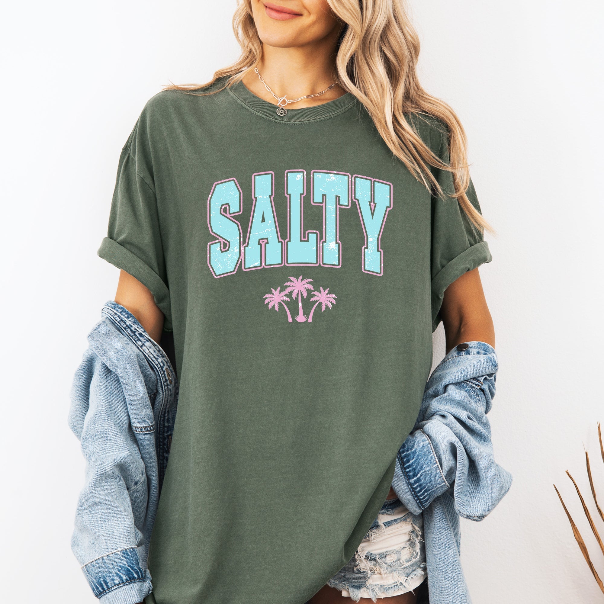 Salty Varsity Palm Trees Summer Beach Coastal Vibes For Sunny Days Comfort Colors Tee