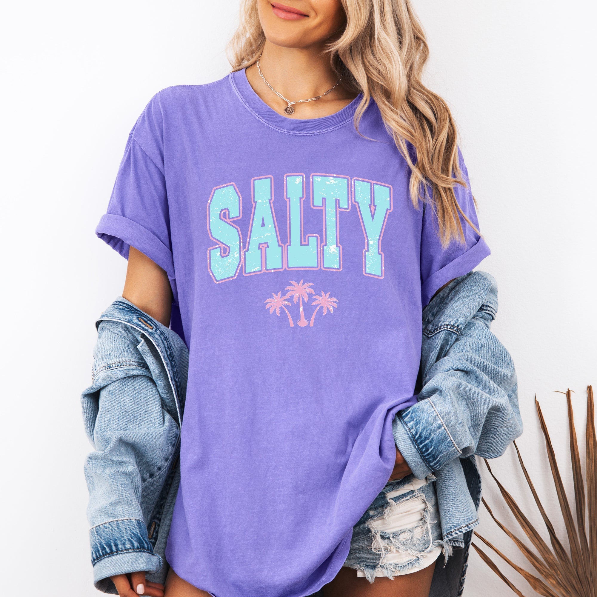 Salty Varsity Palm Trees Summer Beach Coastal Vibes For Sunny Days Comfort Colors Tee